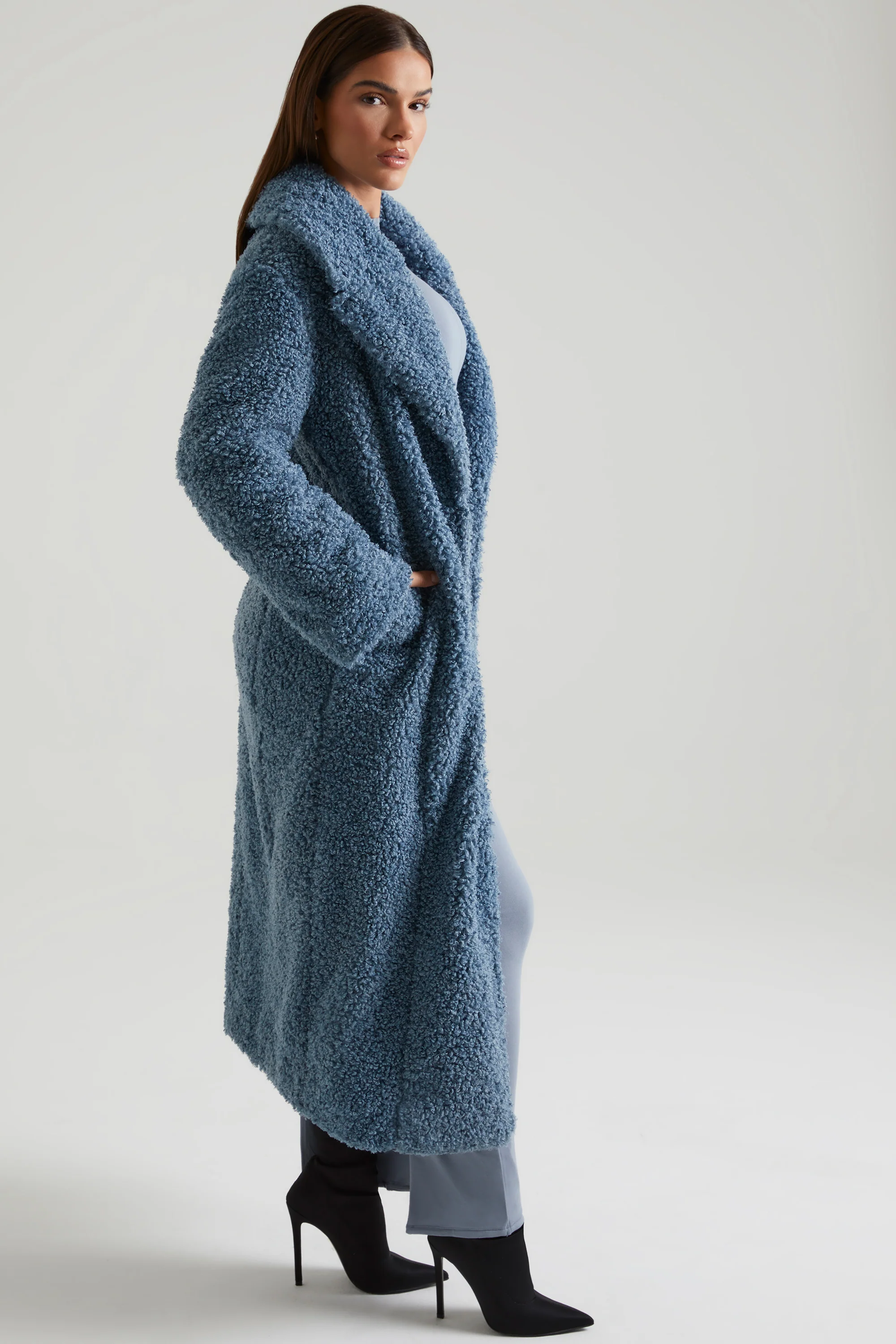 Long Shearling Coat in Blue - Image 3