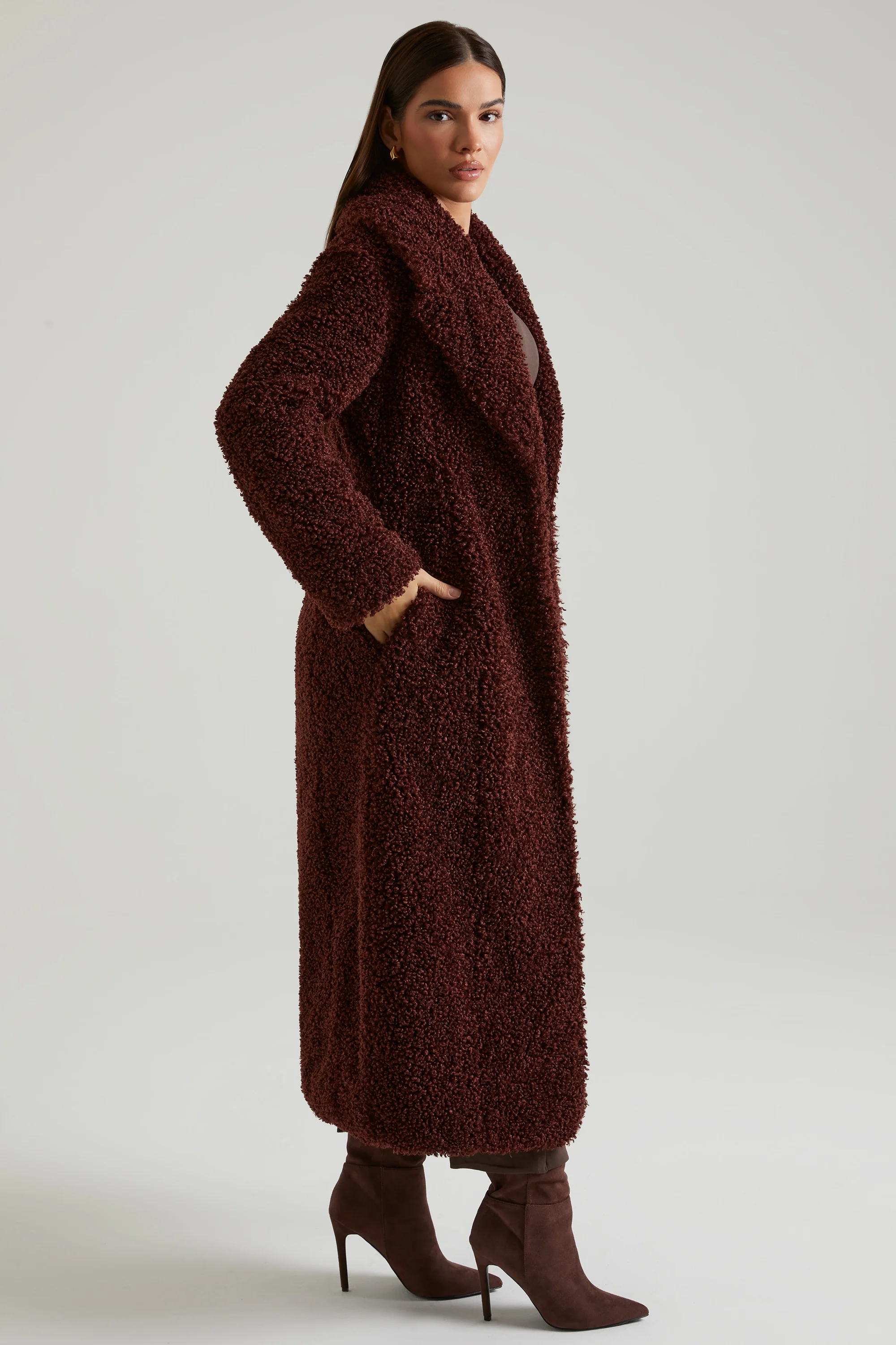 Long Shearling Coat in Brown - Image 3
