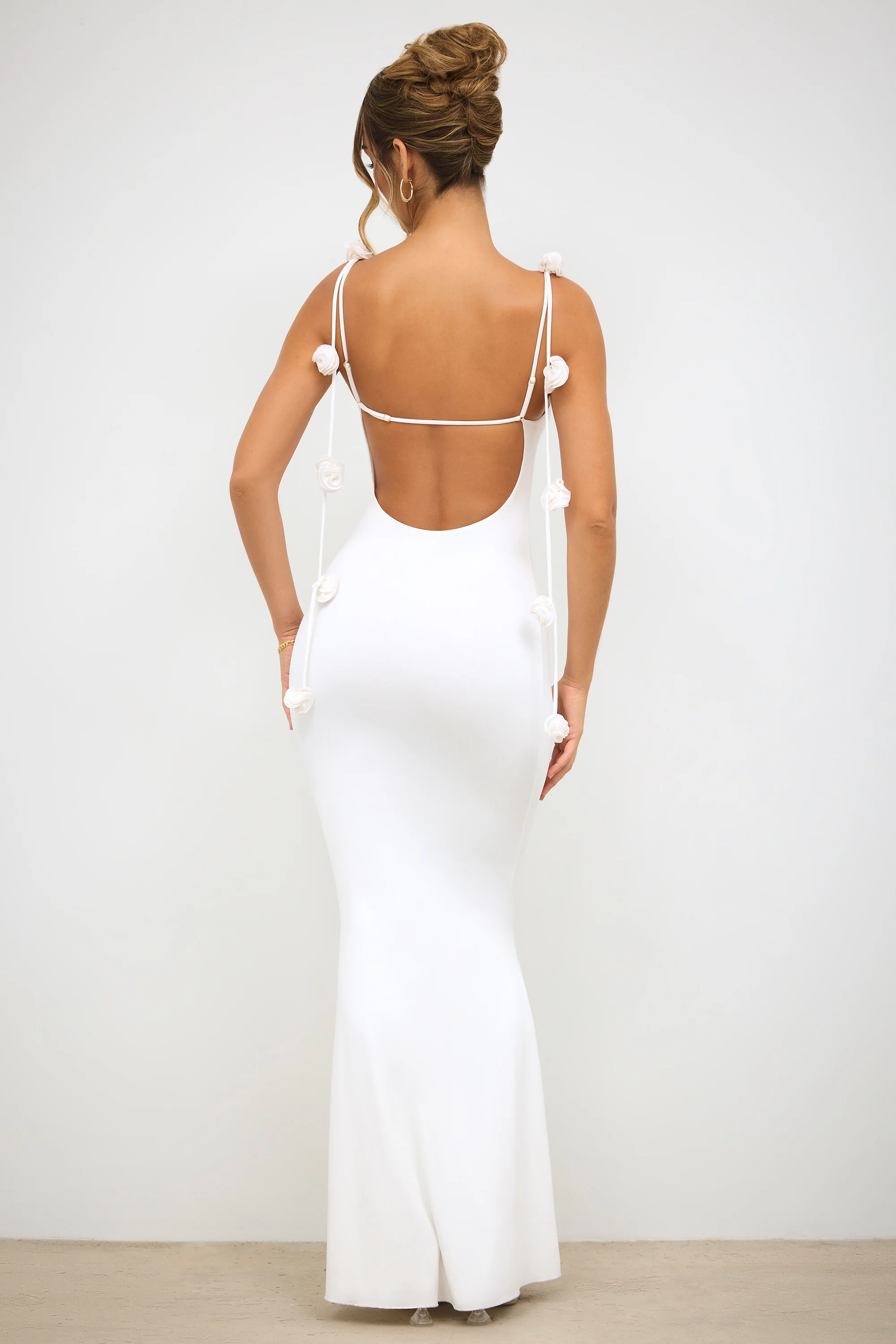 Slinky Jersey Rose Detail Evening Gown in White - Image 8