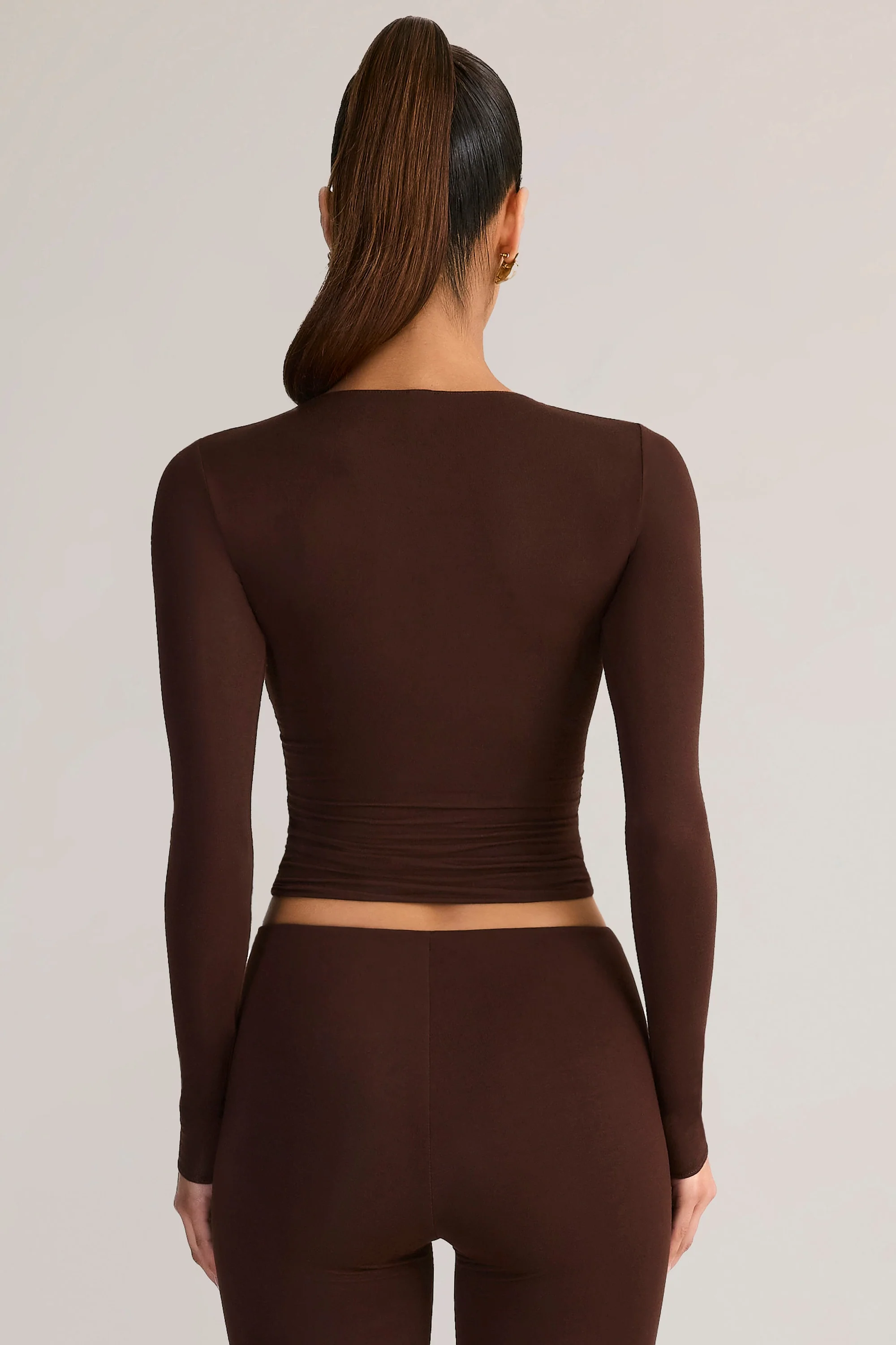 Modal Ruched Long-Sleeve Top in Chocolate Brown - Image 2