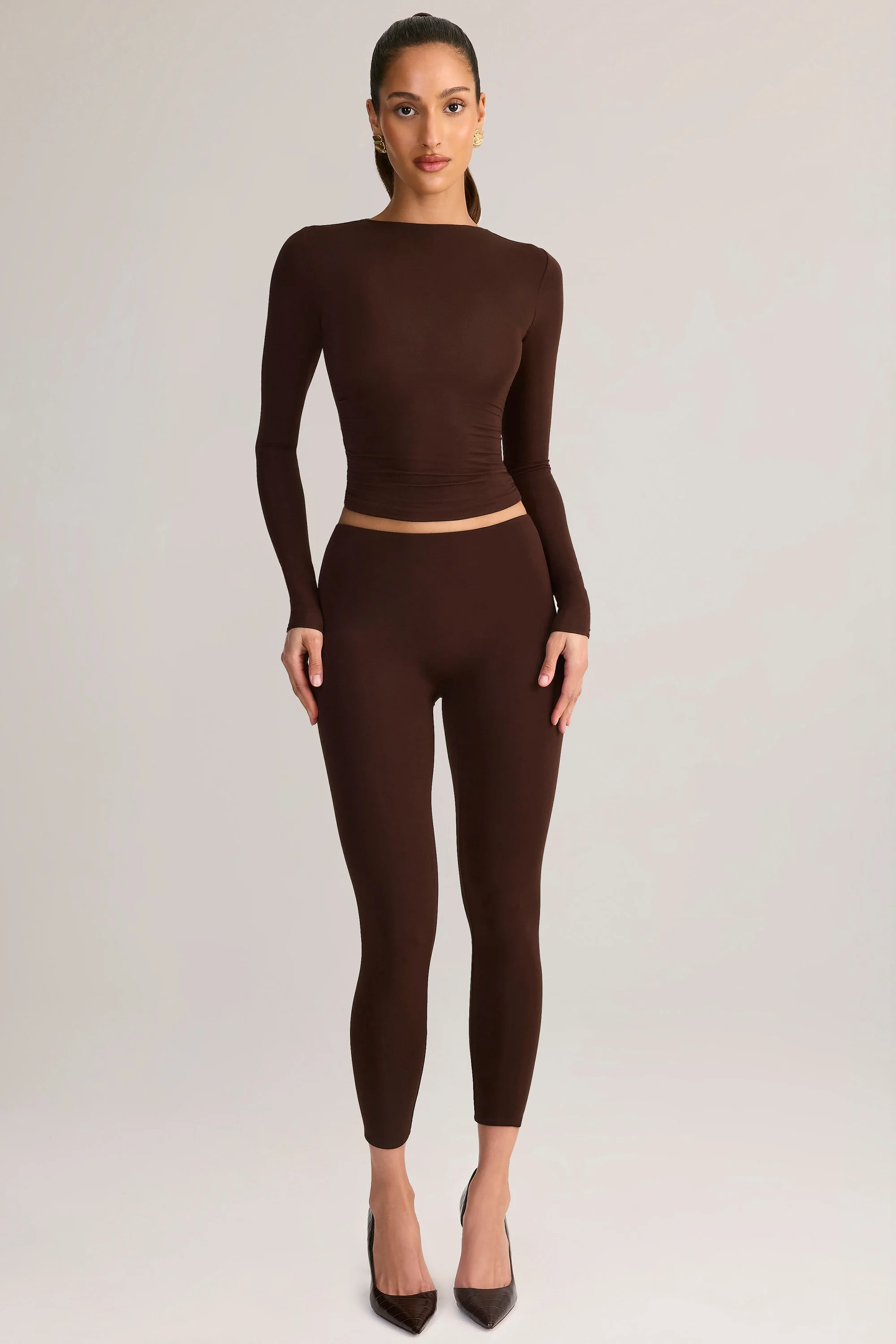 Modal Ruched Long-Sleeve Top in Chocolate Brown - Image 6