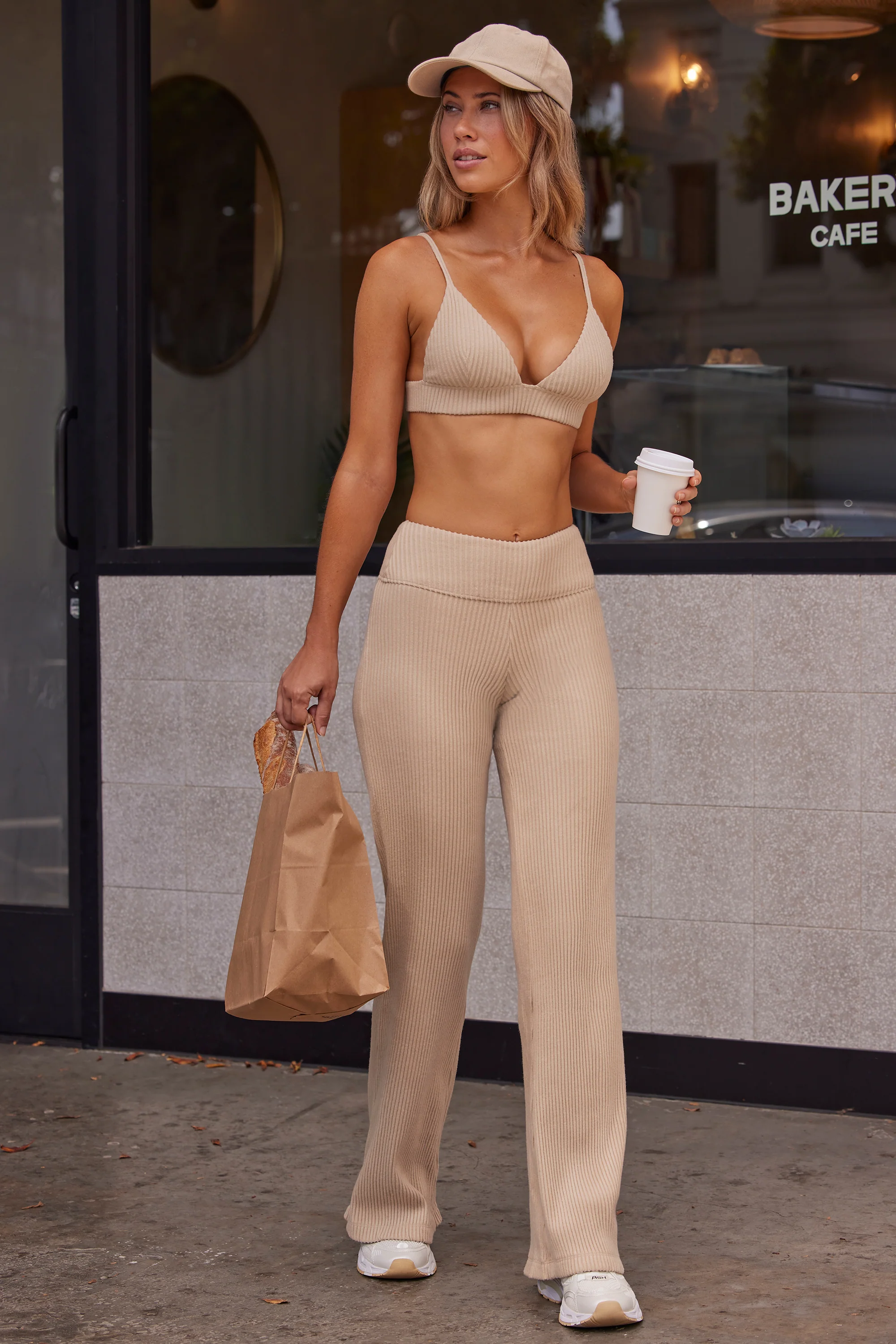 Petite Soft Rib High Waist Fold Over Trousers in Sand - Image 8