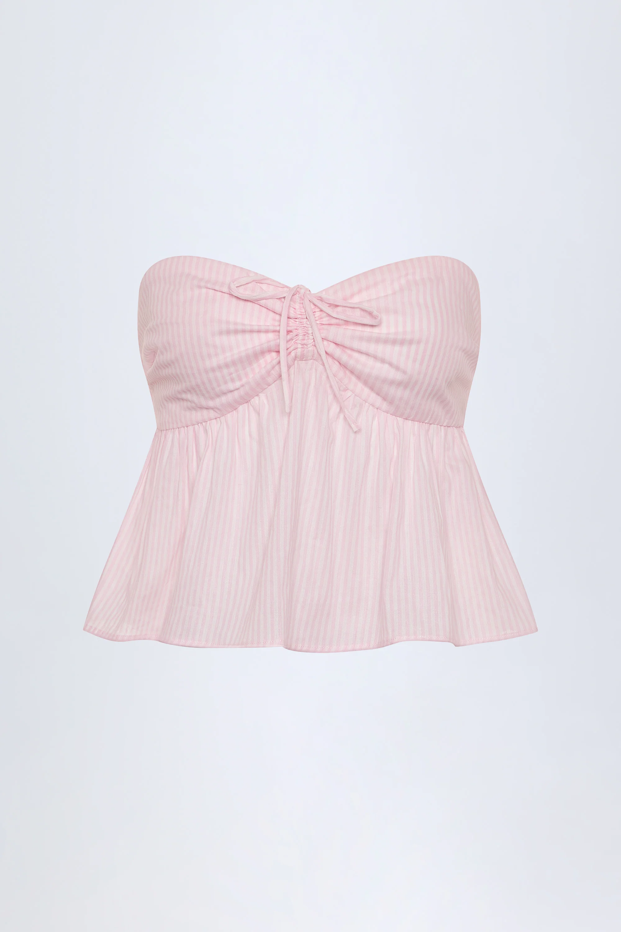 Tie-Front Strapless Cotton-Poplin Crop Top in Pink White Stripe - Image 3