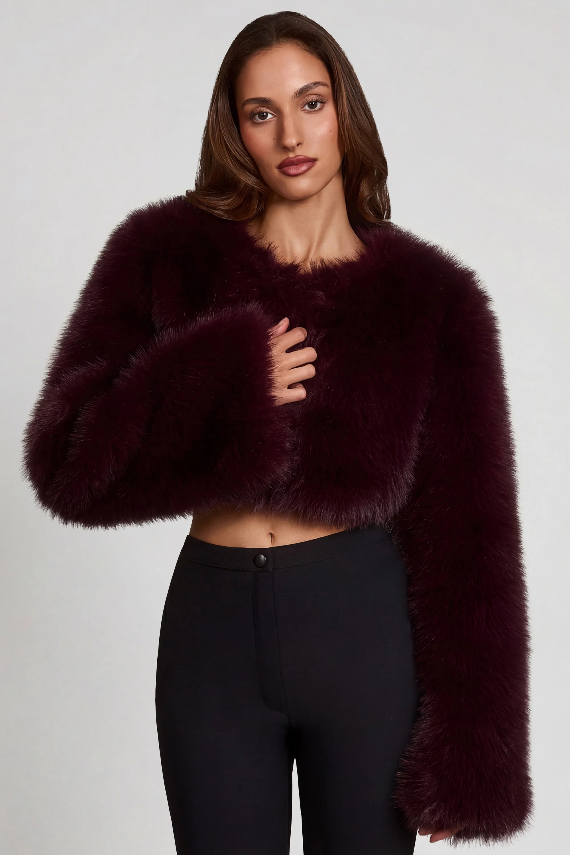 Faux Fur Cropped Bolero in Wine - Image 5