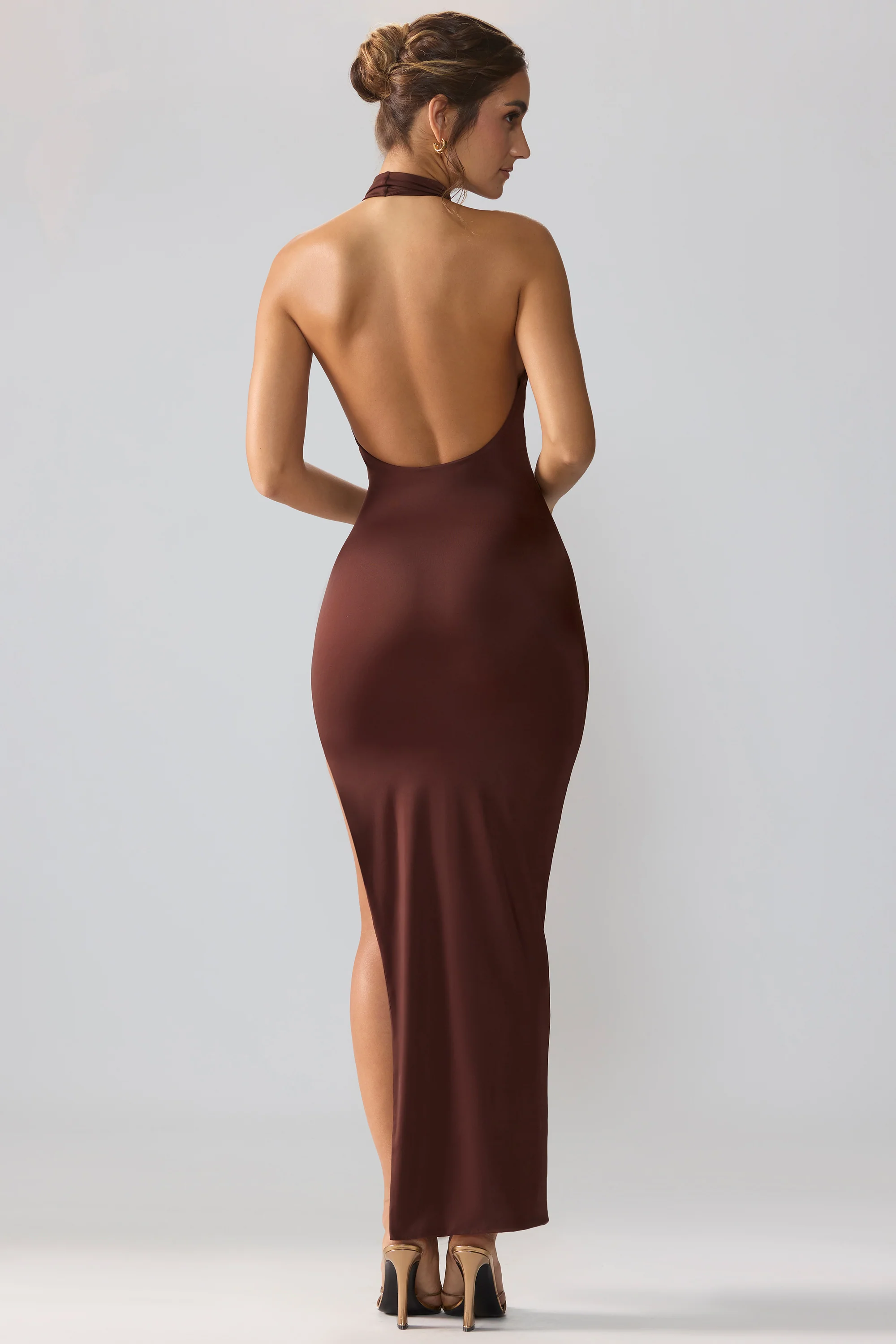 Jersey Cowl Neck Backless Maxi Dress in Espresso - Image 2