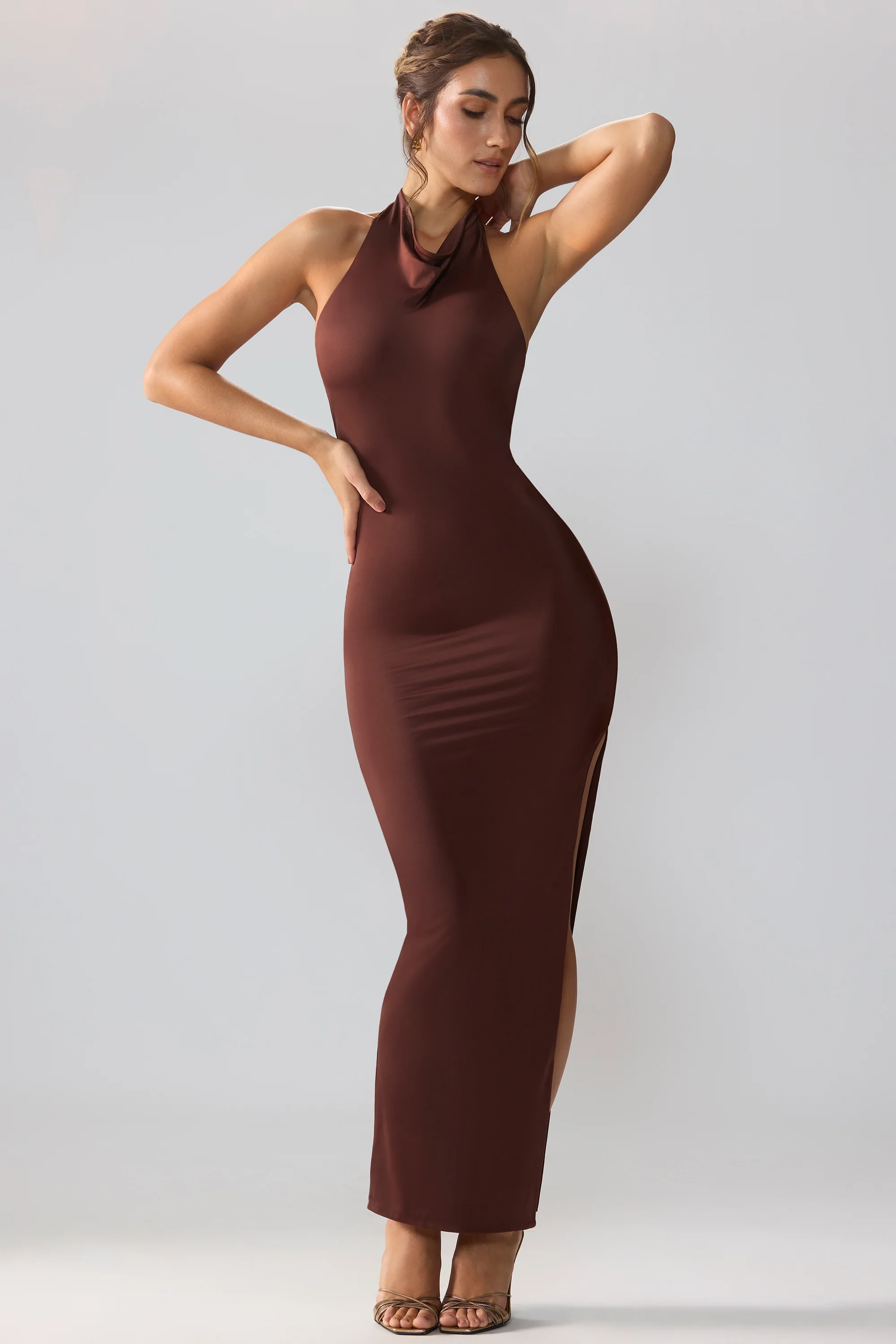 Jersey Cowl Neck Backless Maxi Dress in Espresso - Image 4