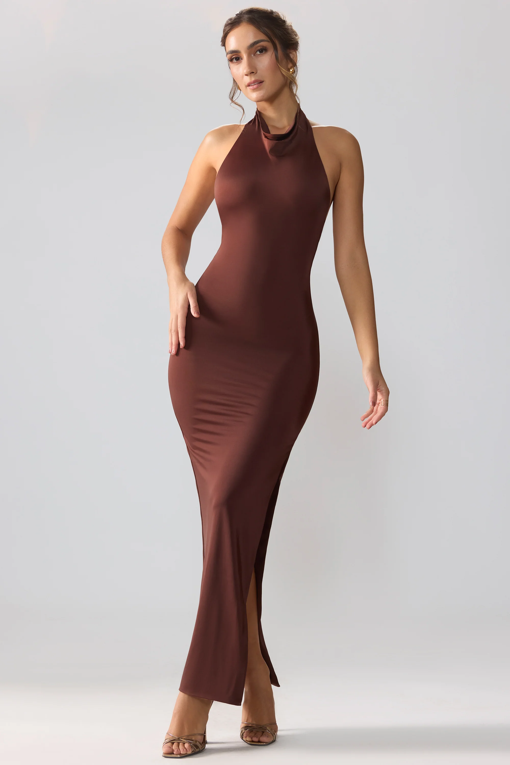 Jersey Cowl Neck Backless Maxi Dress in Espresso - Image 5