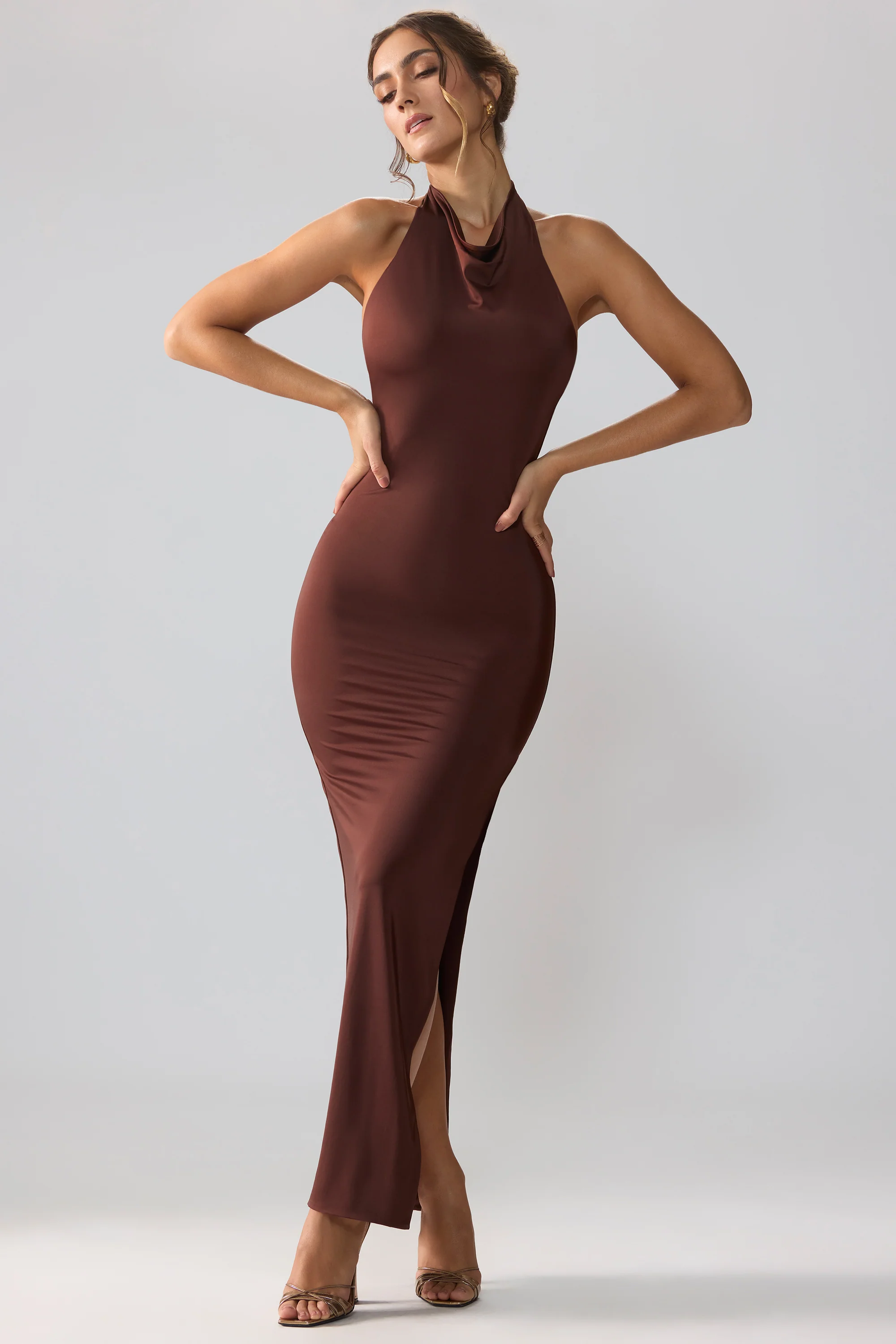 Jersey Cowl Neck Backless Maxi Dress in Espresso - Image 6
