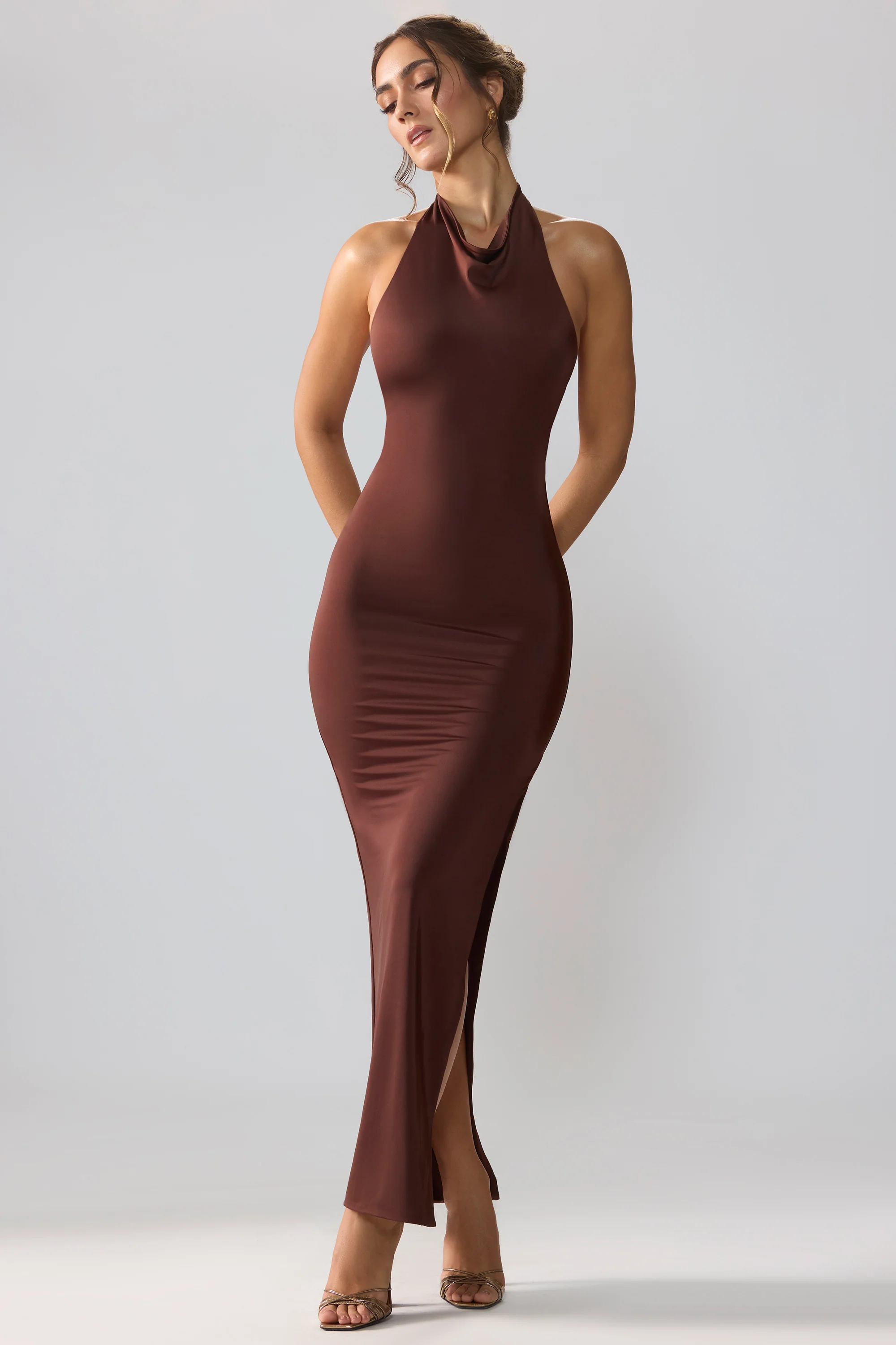 Jersey Cowl Neck Backless Maxi Dress in Espresso - Image 7