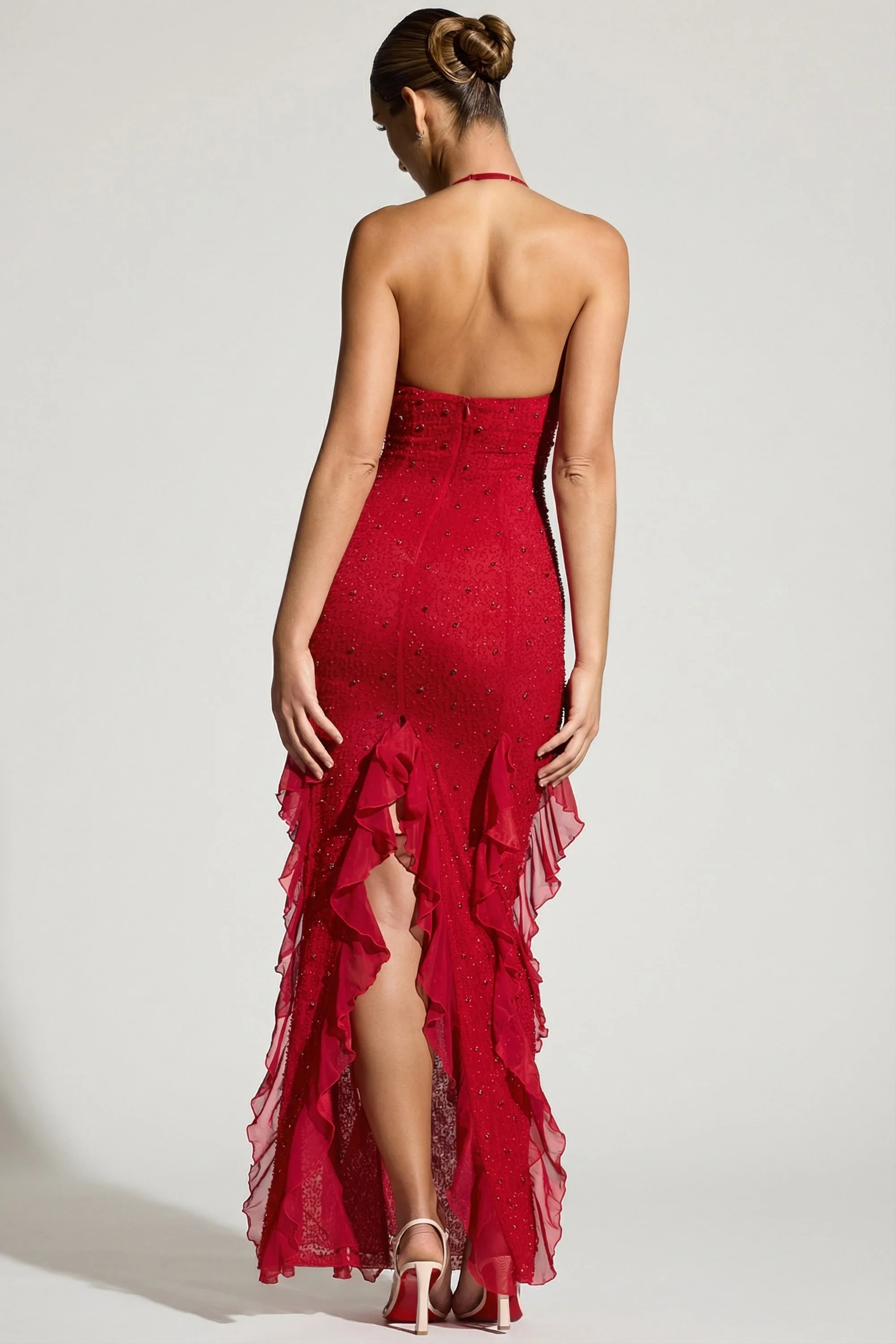 Embellished Halter Neck Ruffle Maxi Dress in Red - Image 2