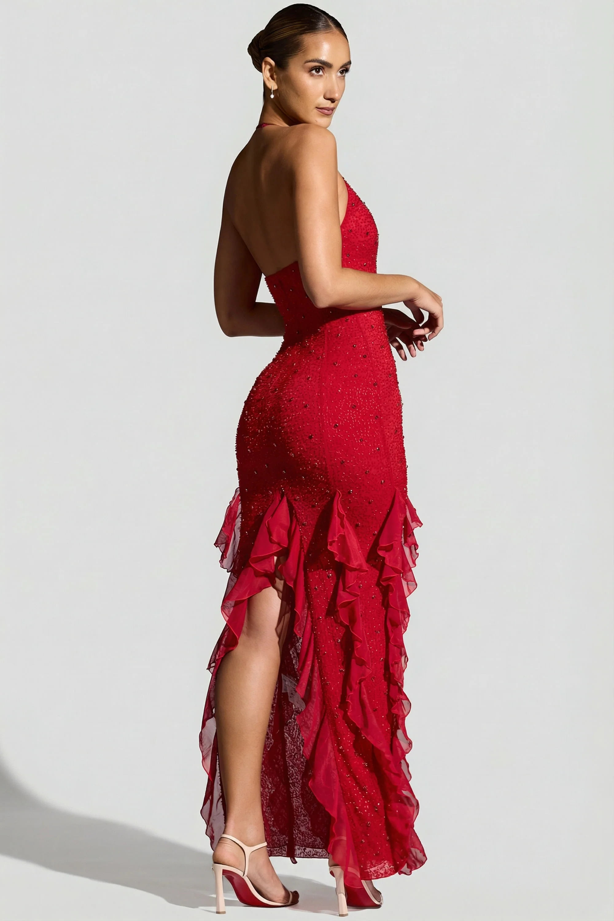 Embellished Halter Neck Ruffle Maxi Dress in Red - Image 3