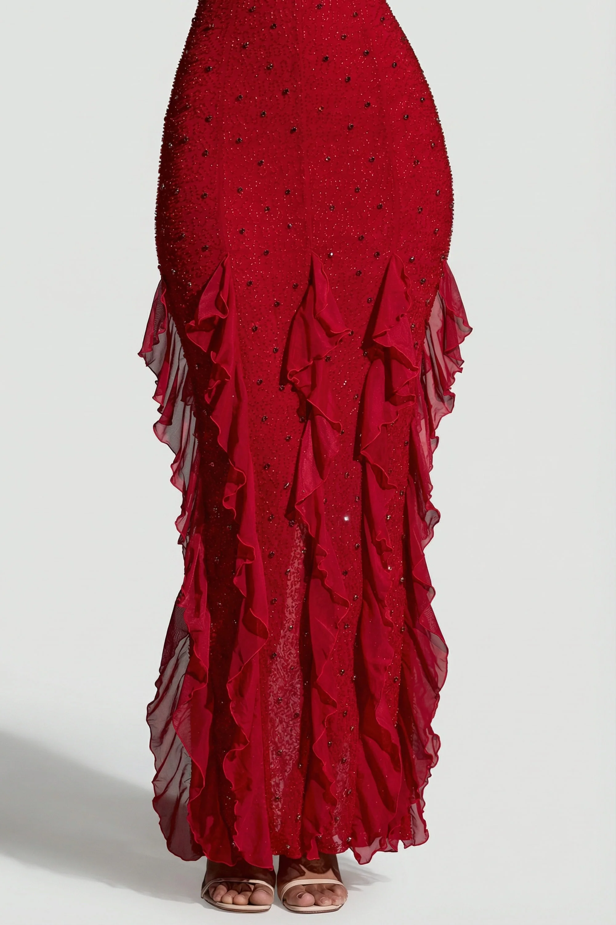 Embellished Halter Neck Ruffle Maxi Dress in Red - Image 4