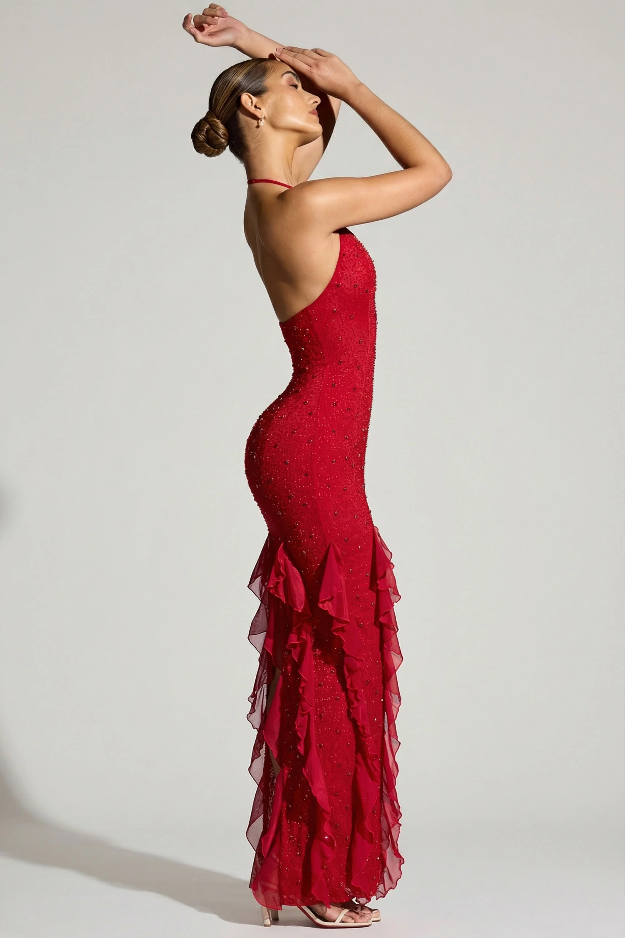 Embellished Halter Neck Ruffle Maxi Dress in Red - Image 5
