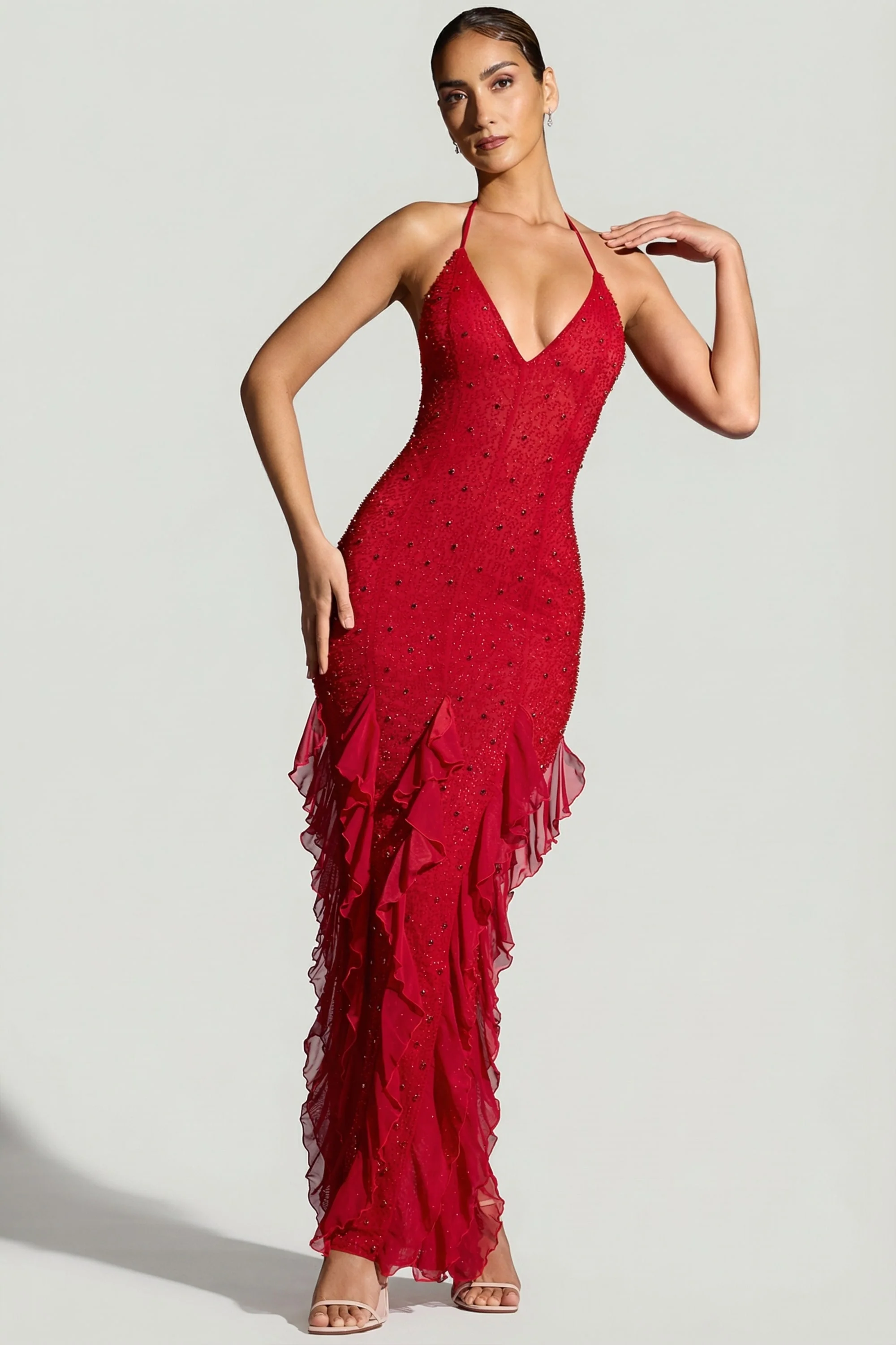 Embellished Halter Neck Ruffle Maxi Dress in Red - Image 7