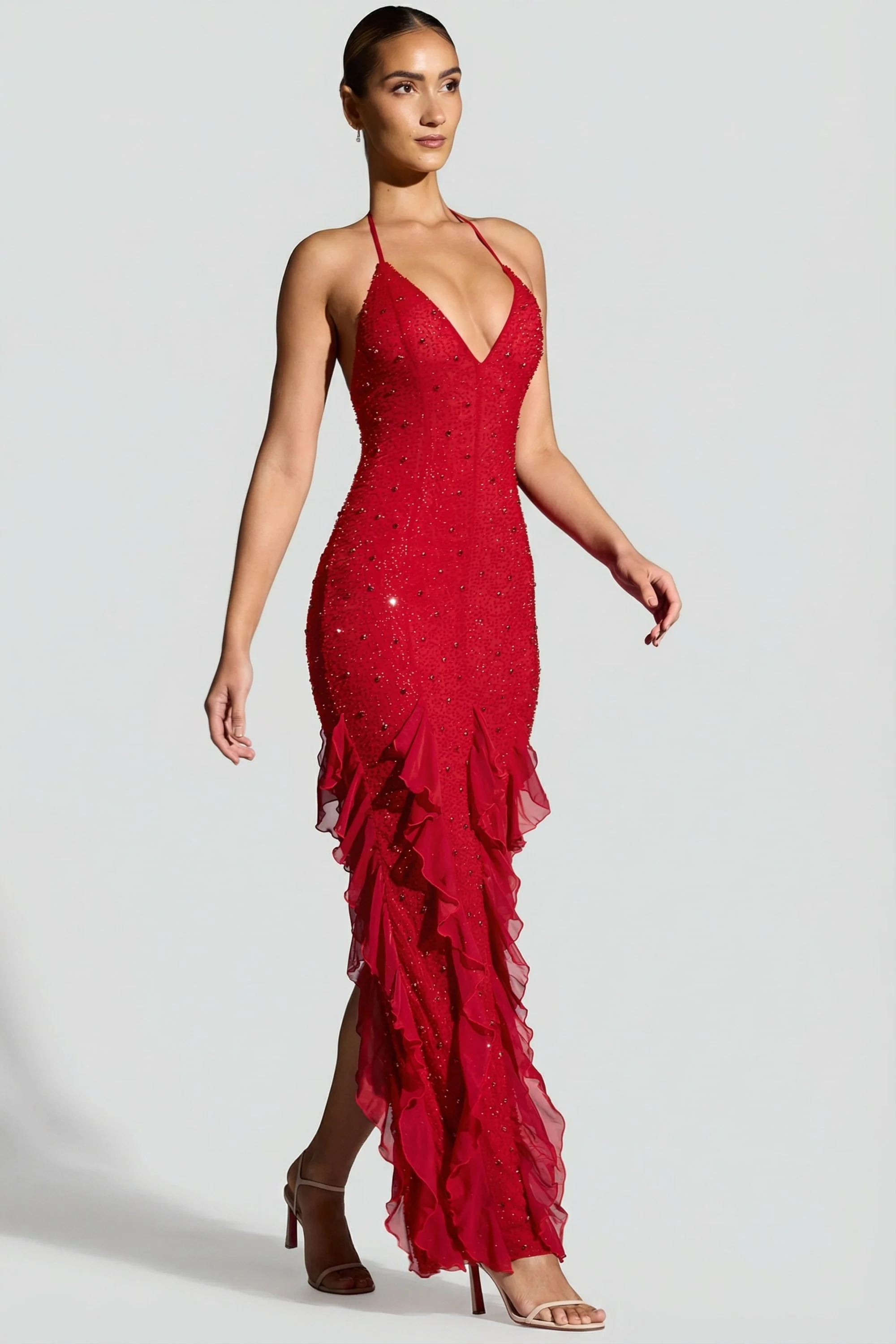 Embellished Halter Neck Ruffle Maxi Dress in Red - Image 9