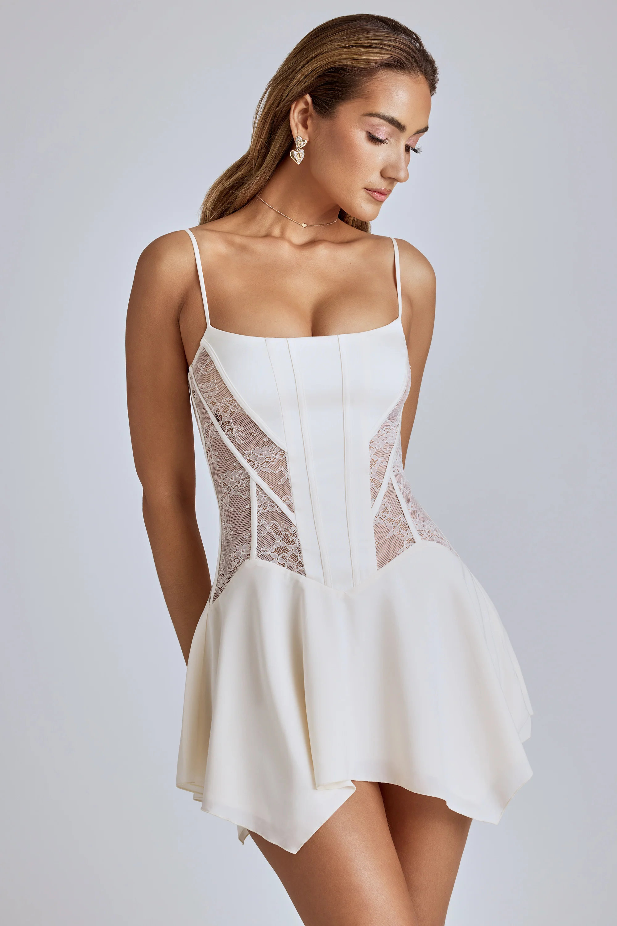 Lace Handkerchief Hem Mini Dress in Ivory