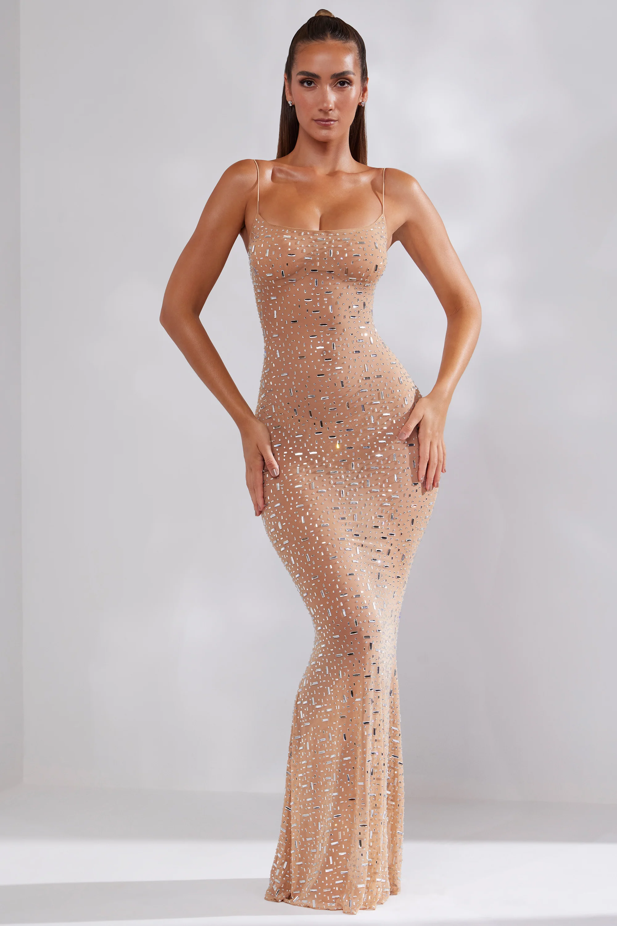 Sheer Embellished Scoop Neck Evening Gown in Almond - Image 6