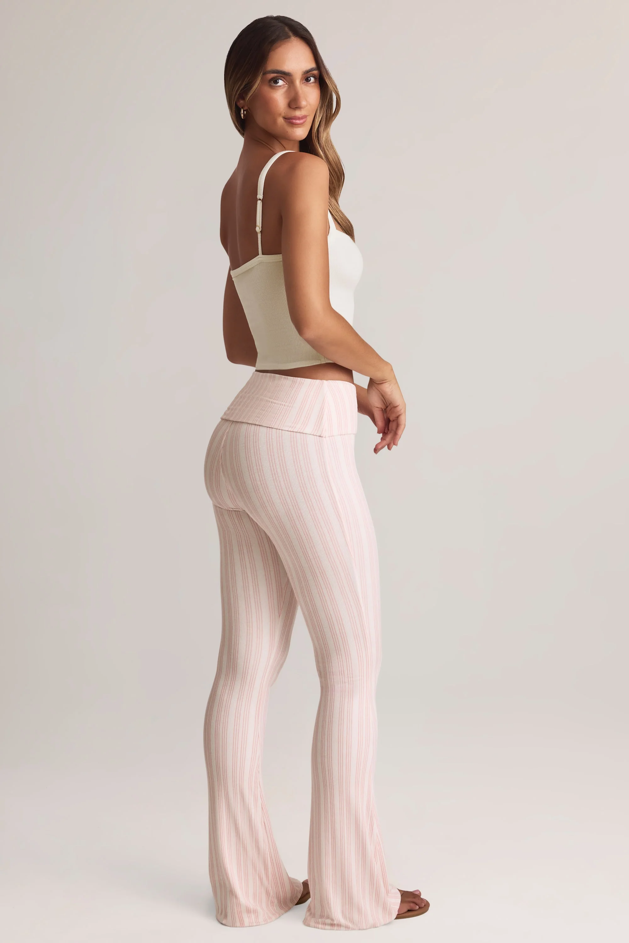 Modal Foldover Mid-Rise Flared Trousers in Stripe Print - Image 2