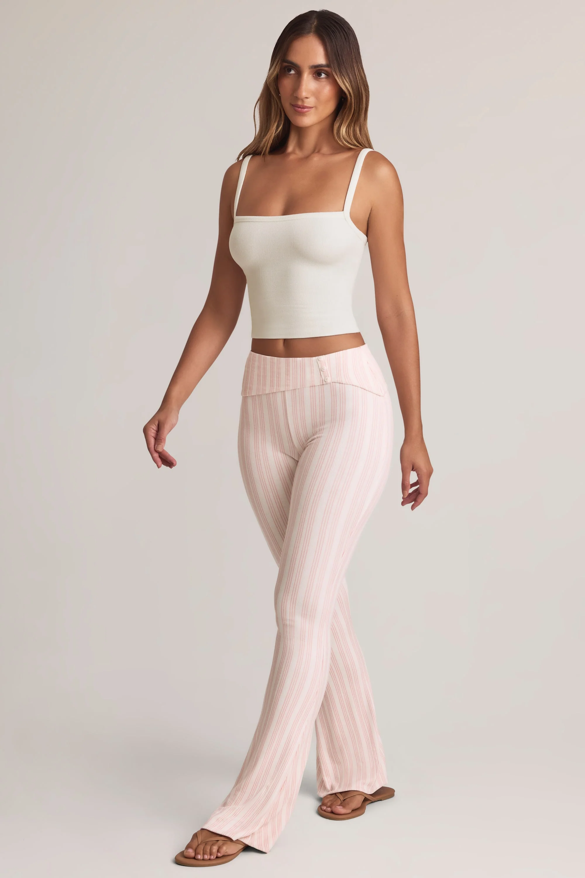 Modal Foldover Mid-Rise Flared Trousers in Stripe Print - Image 4