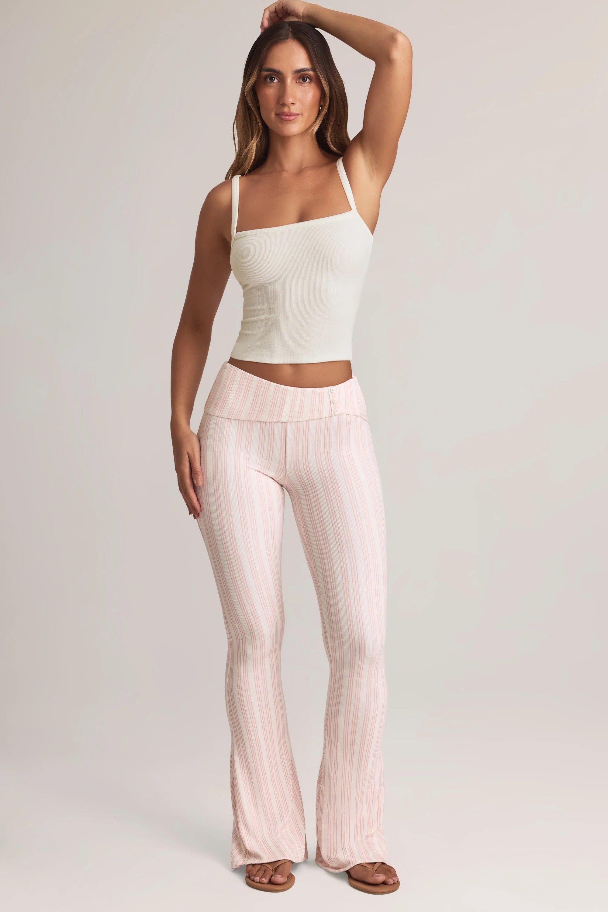 Modal Foldover Mid-Rise Flared Trousers in Stripe Print - Image 5