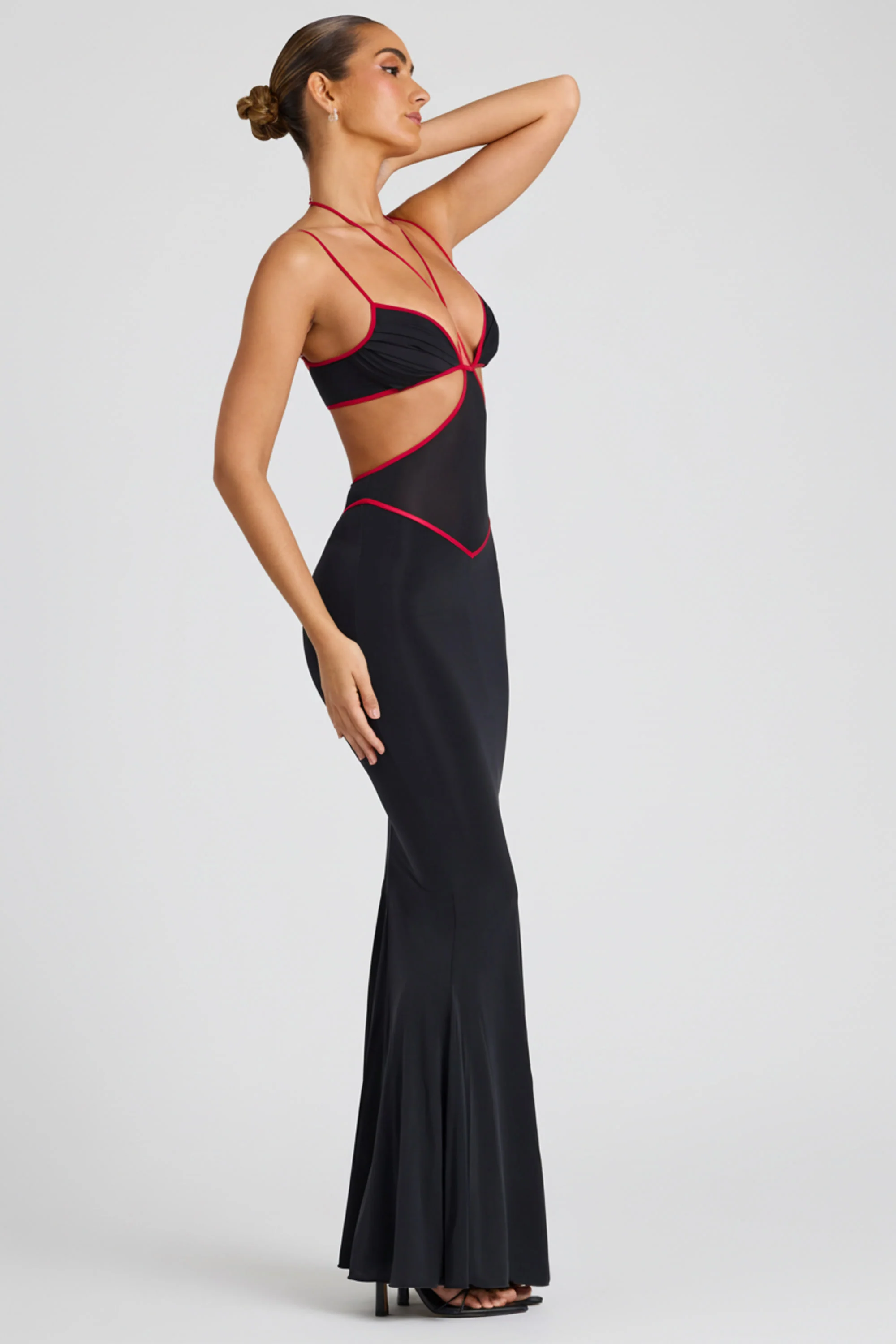 Contrast Binding Cut Out Evening Gown in Black - Image 3