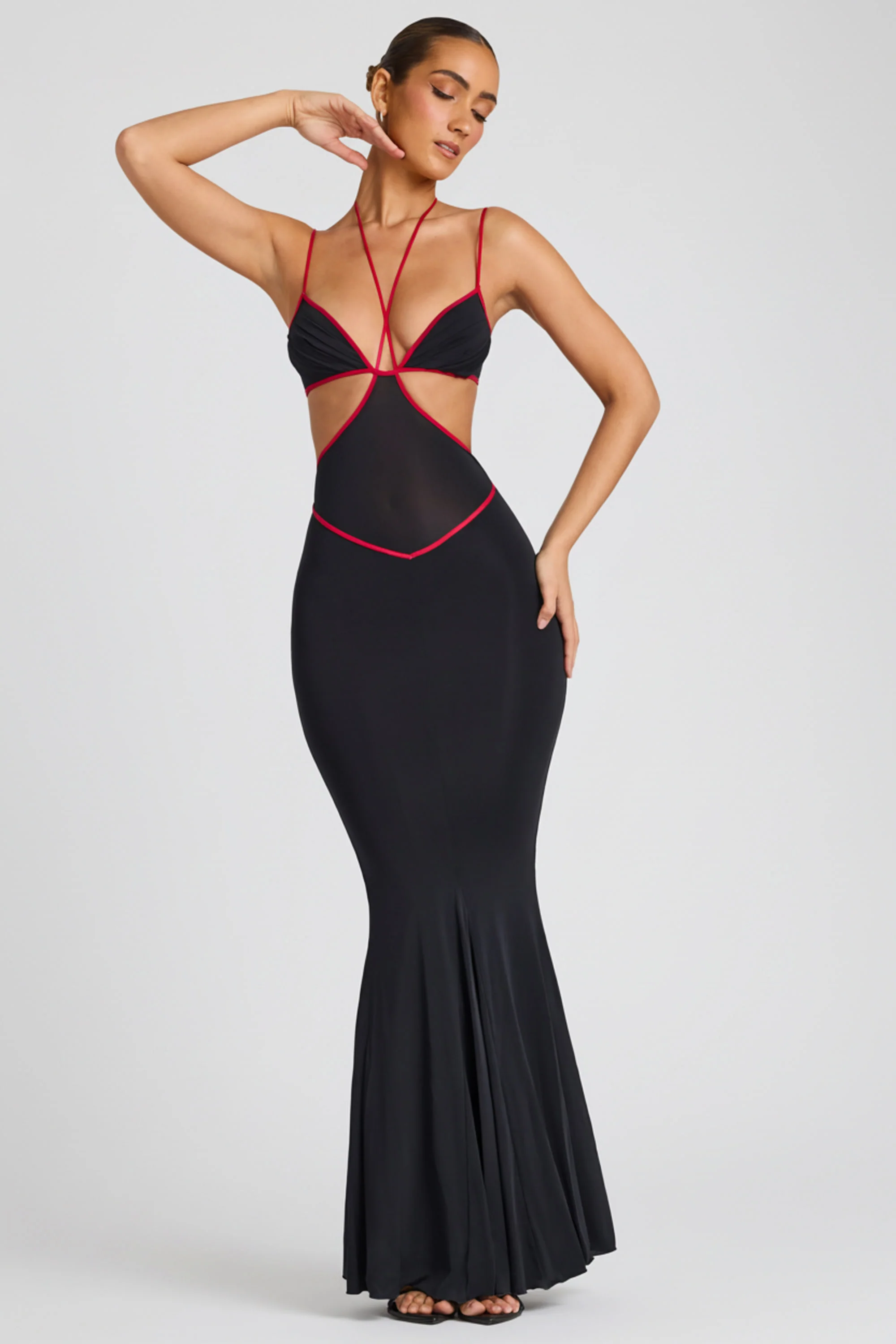 Contrast Binding Cut Out Evening Gown in Black - Image 8