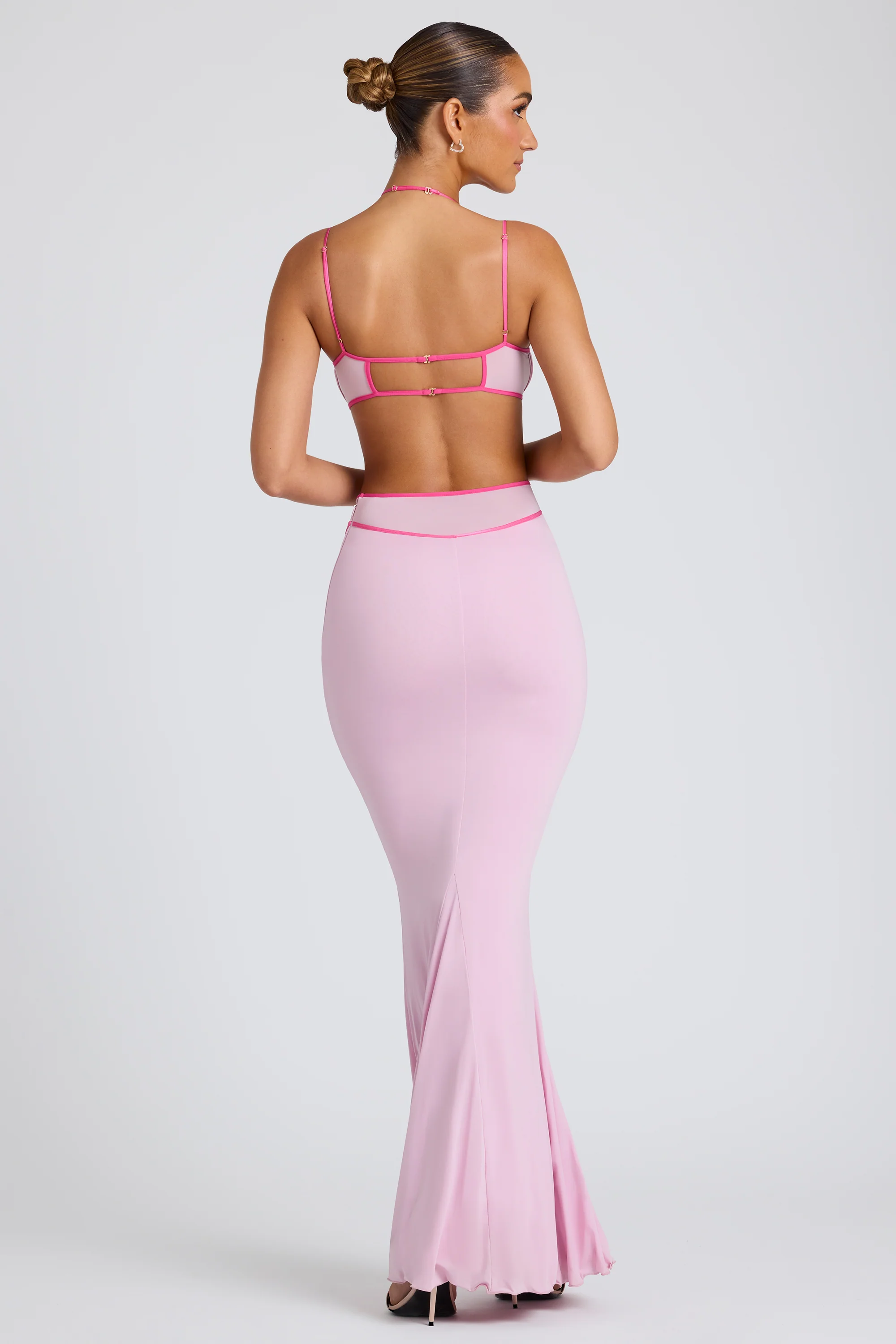 Contrast Binding Cut Out Evening Gown in Soft Pink - Image 2