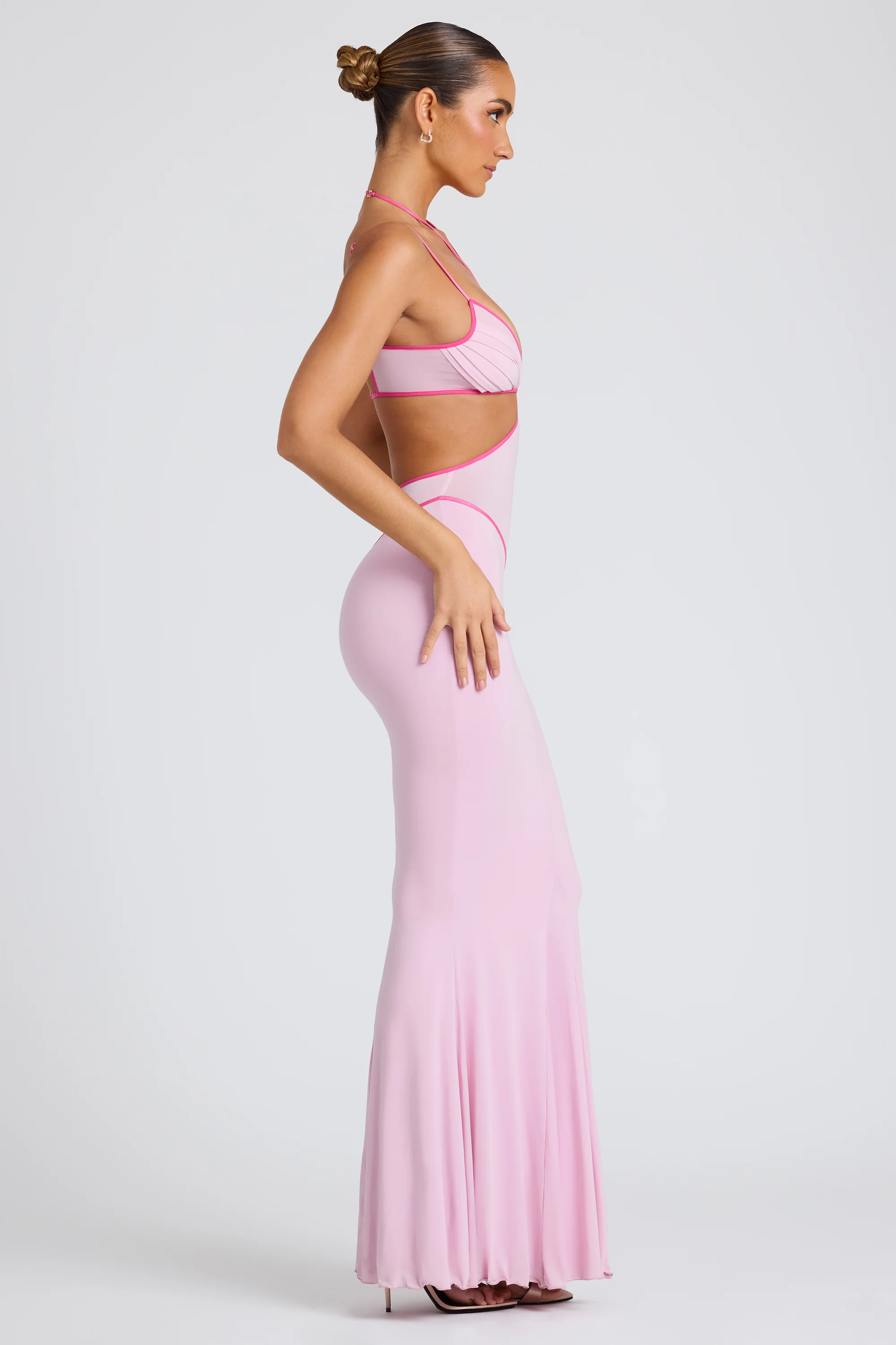 Contrast Binding Cut Out Evening Gown in Soft Pink - Image 3