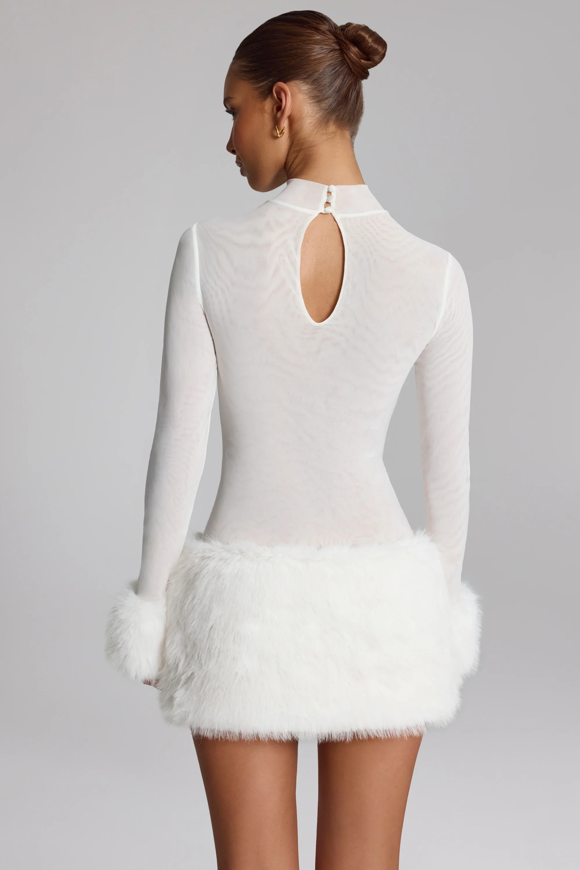 Faux Fur-Trim Turtleneck Mini Dress in White - Image 2