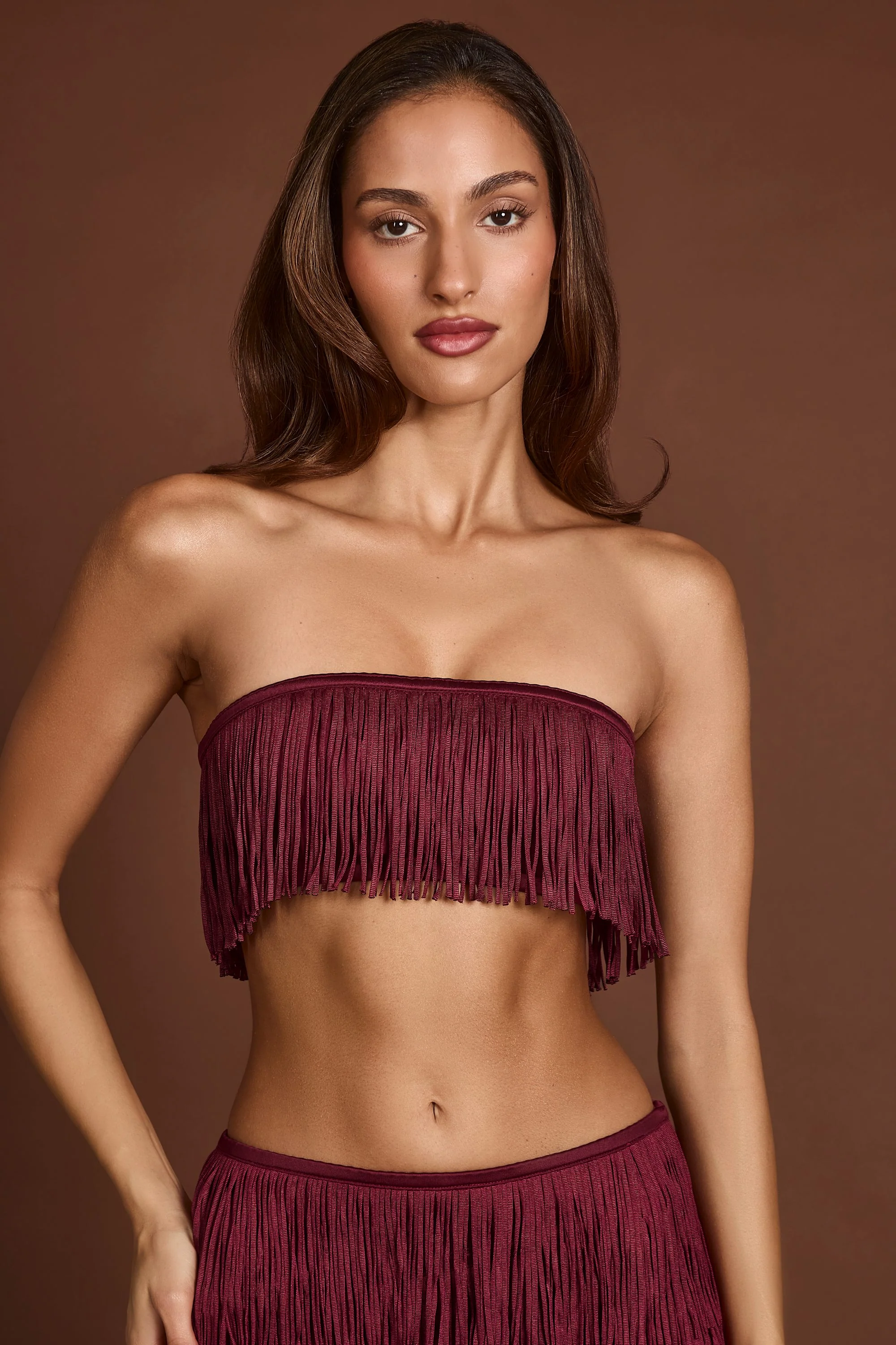 Fringed Bandeau Lace-up Crop Top in Wine Red - Image 4