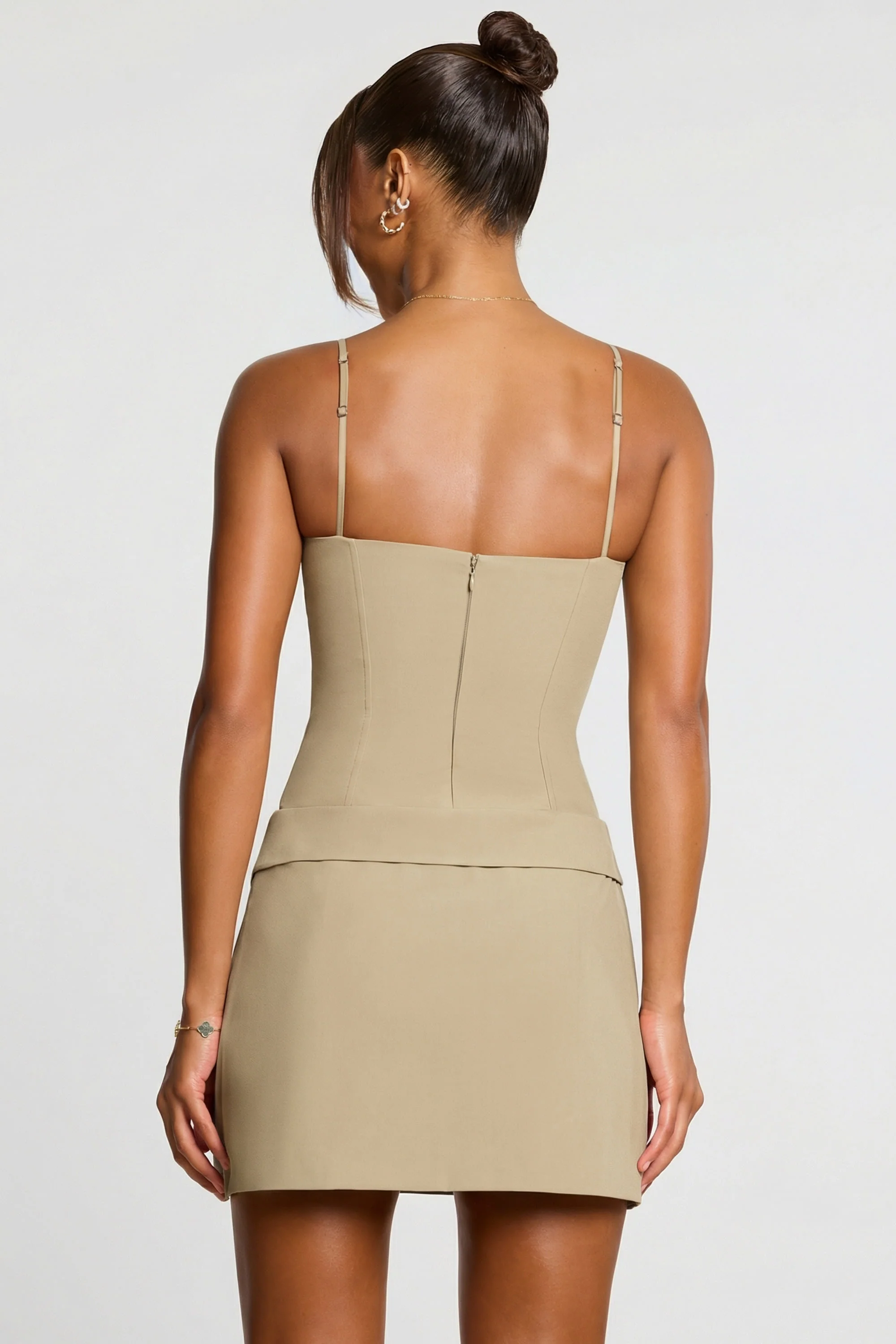 Woven Twill Wrap Over Pleated Mini Dress in Taupe - Image 2