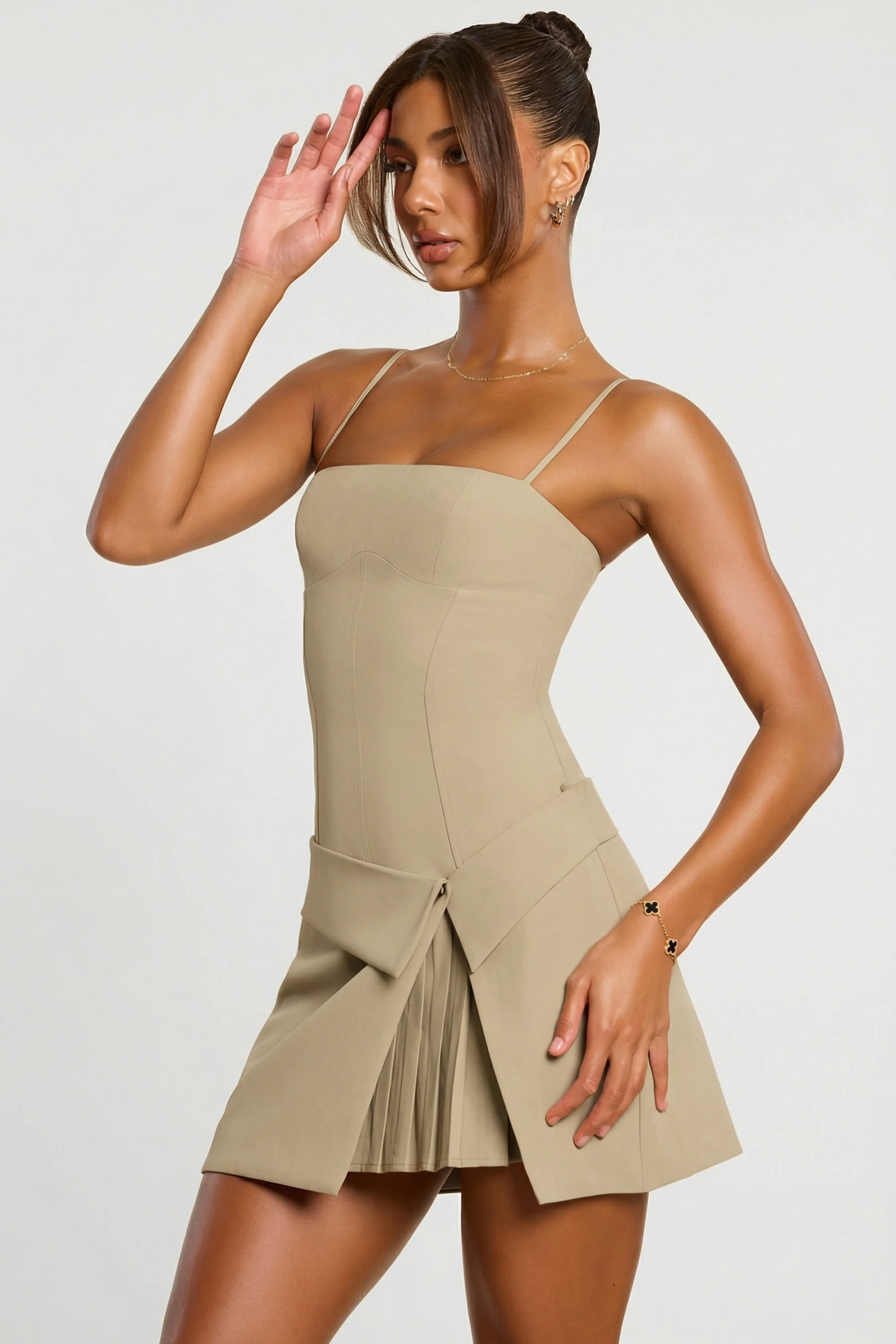 Woven Twill Wrap Over Pleated Mini Dress in Taupe - Image 3