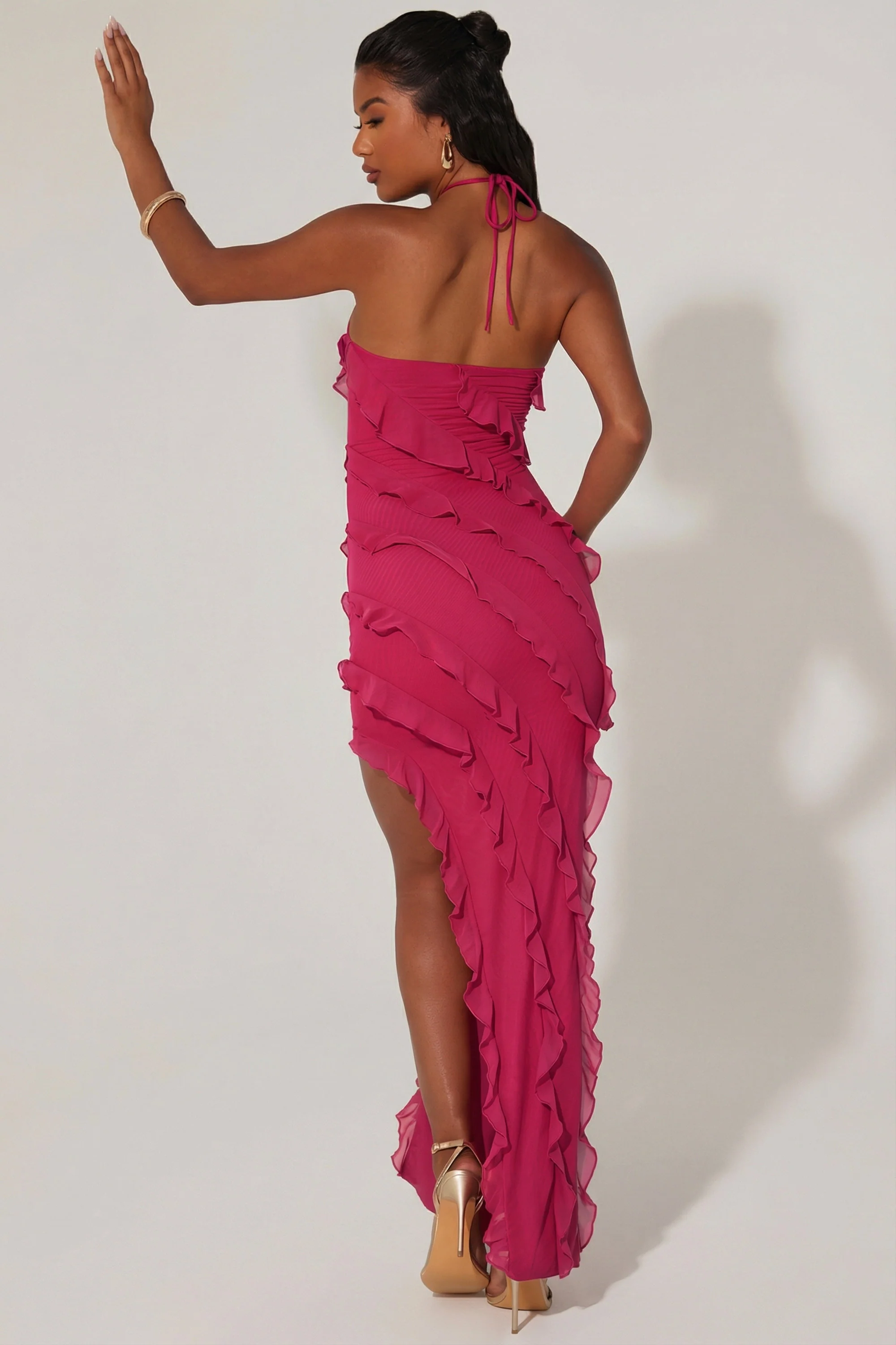 Cross Strap Ruffle Floor Length Dress in Fuchsia - Image 2