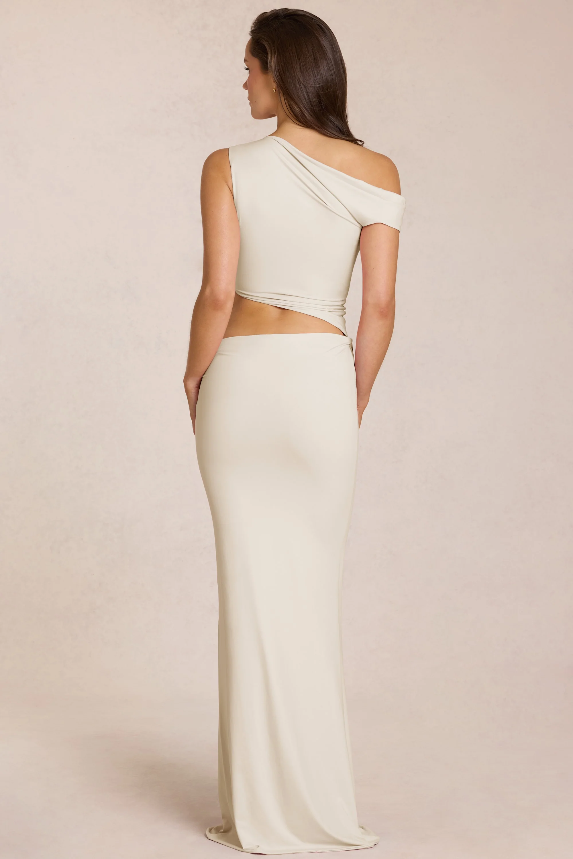 Asymmetric Drape Maxi Dress in Ivory - Image 2