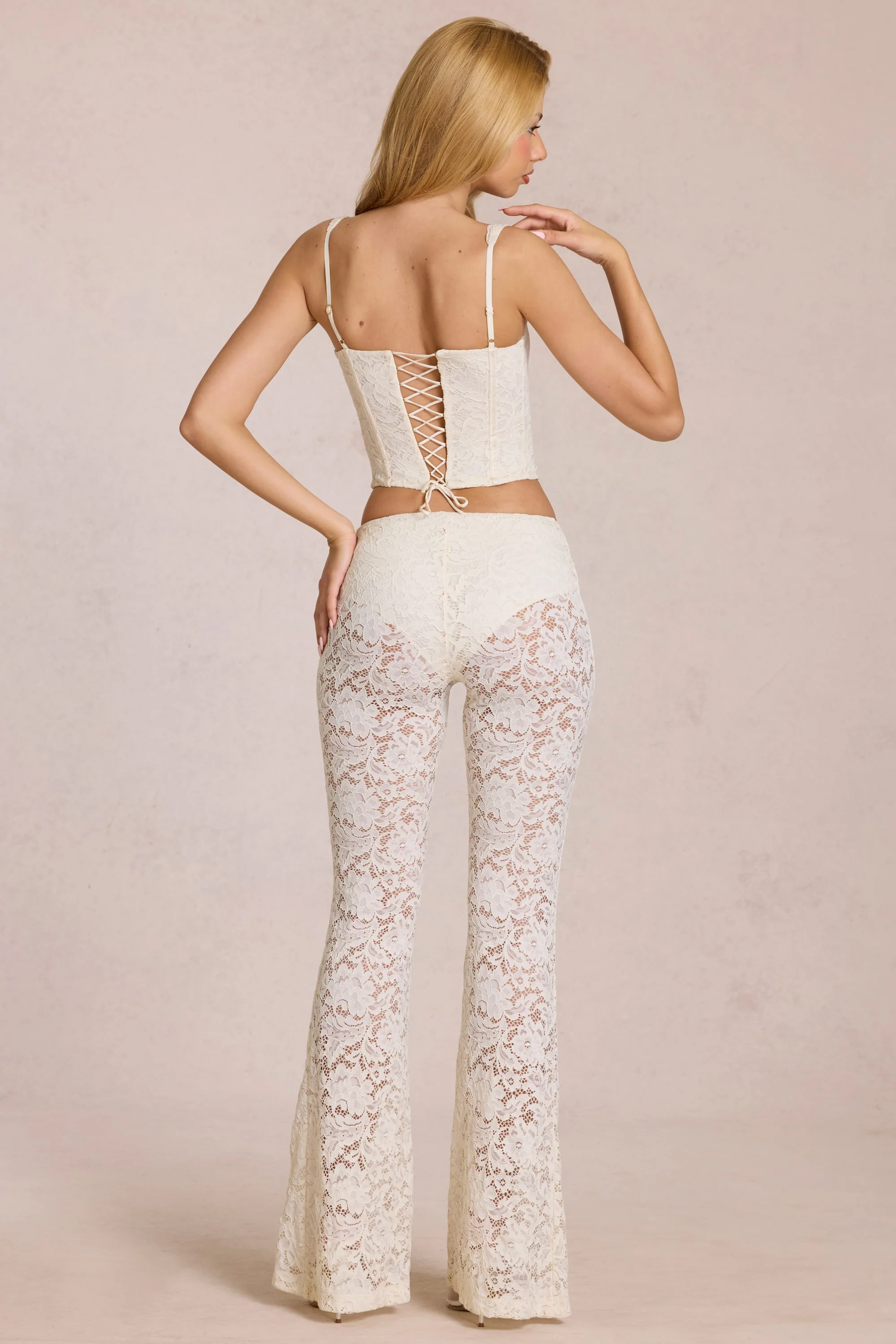Sheer Lace Mid-Rise Flared Trousers in Pearl - Image 2