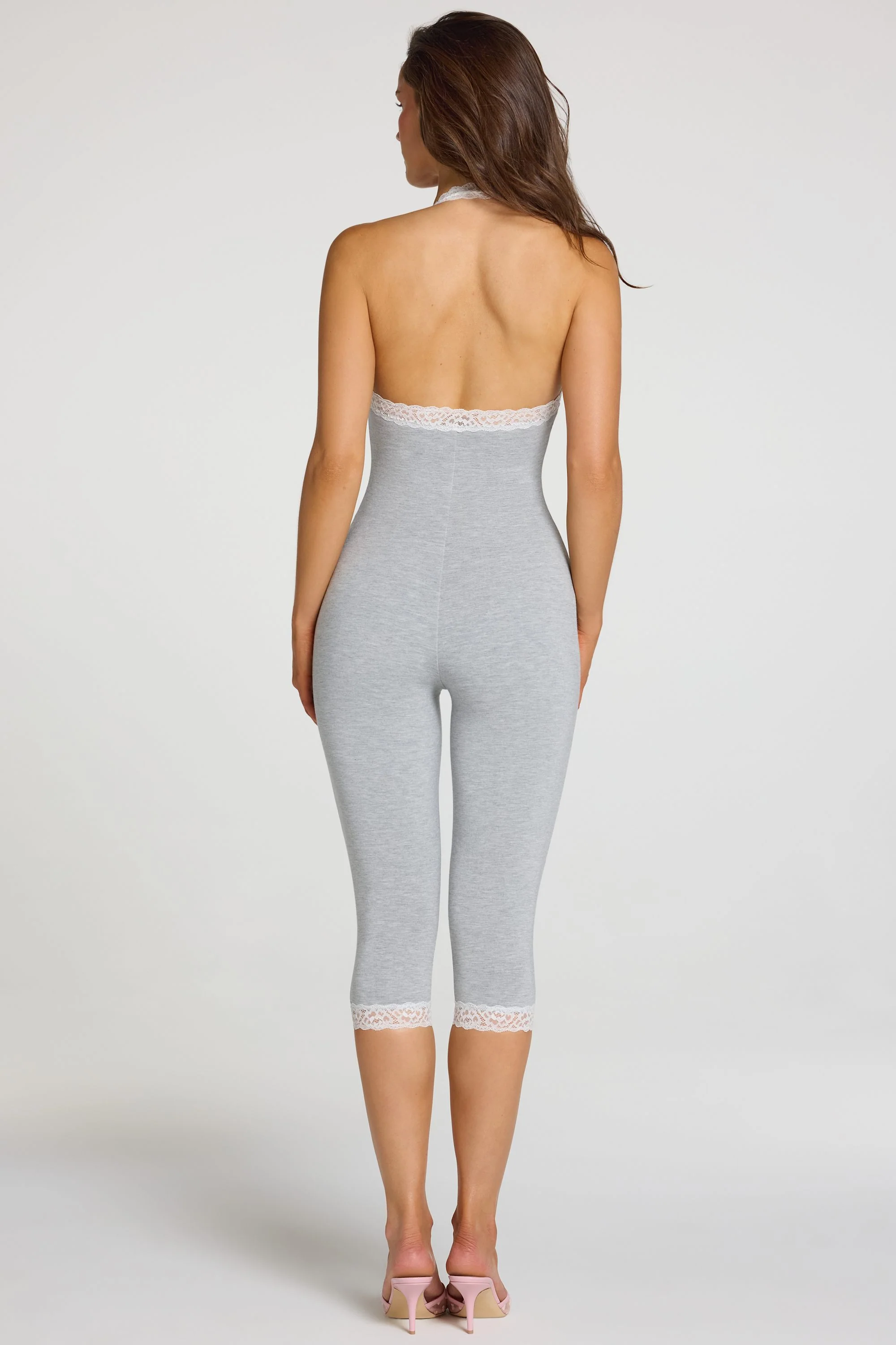 Modal Lace-Trim Capri Jumpsuit in Grey Marl - Image 3