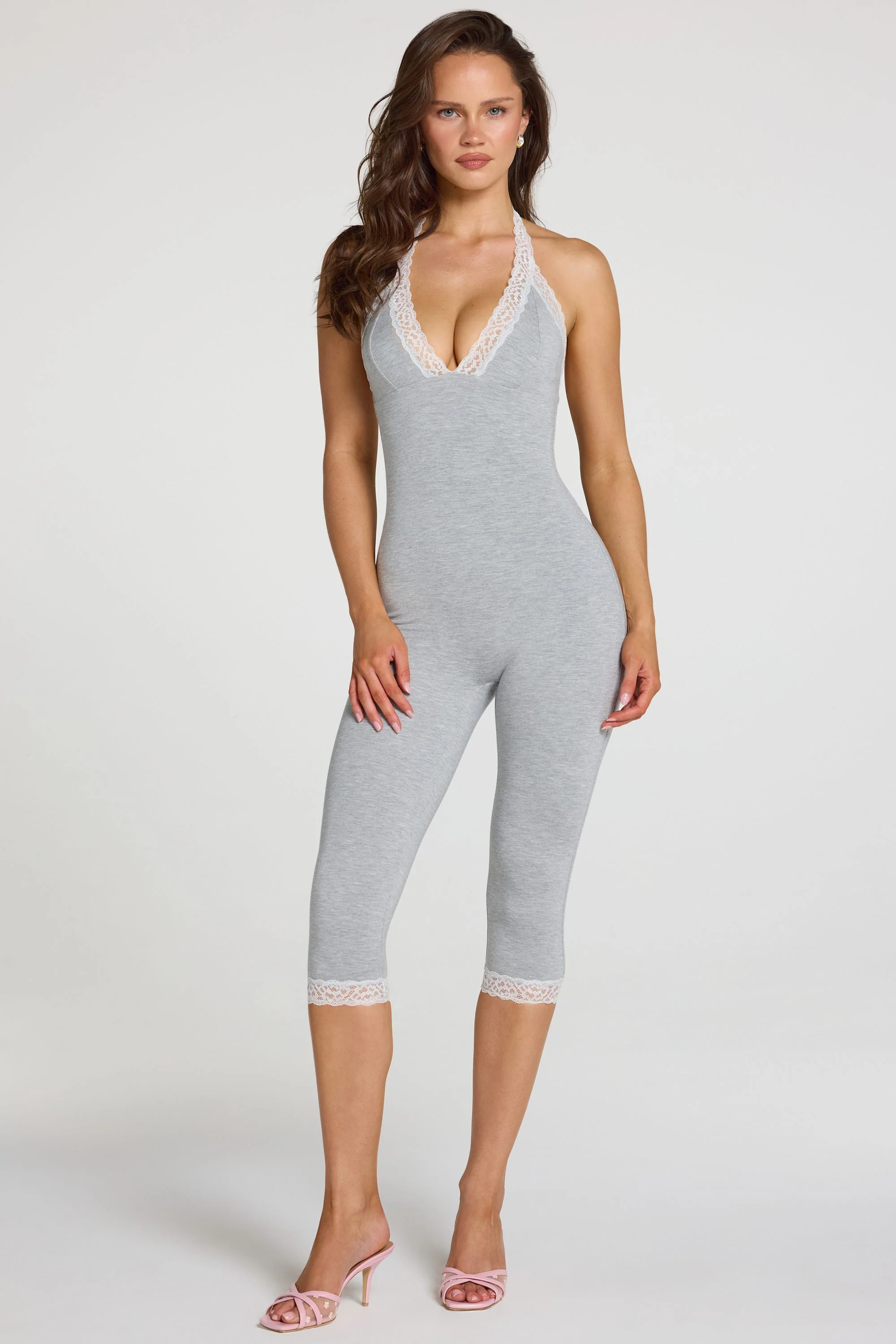 Modal Lace-Trim Capri Jumpsuit in Grey Marl - Image 5