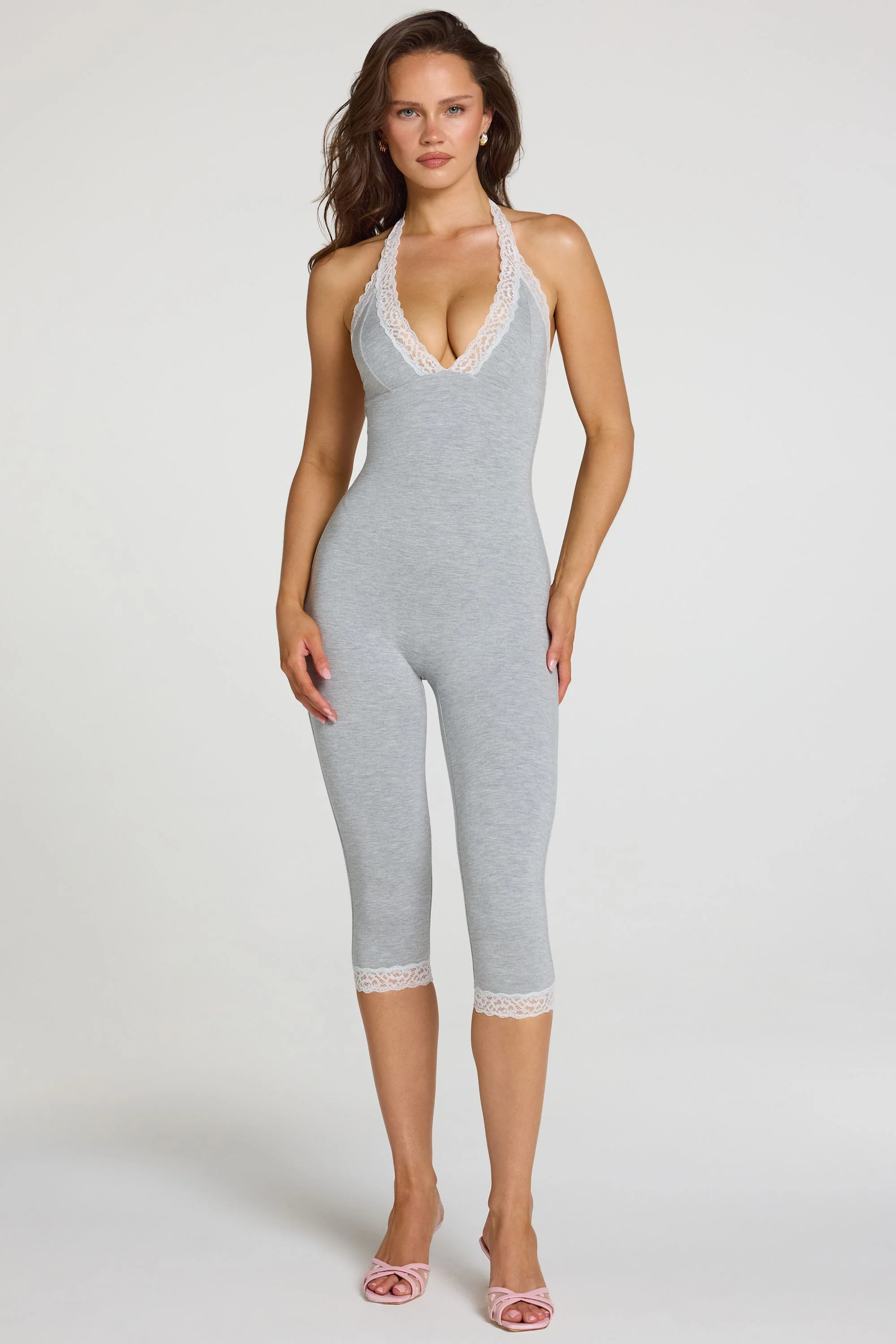 Modal Lace-Trim Capri Jumpsuit in Grey Marl - Image 7