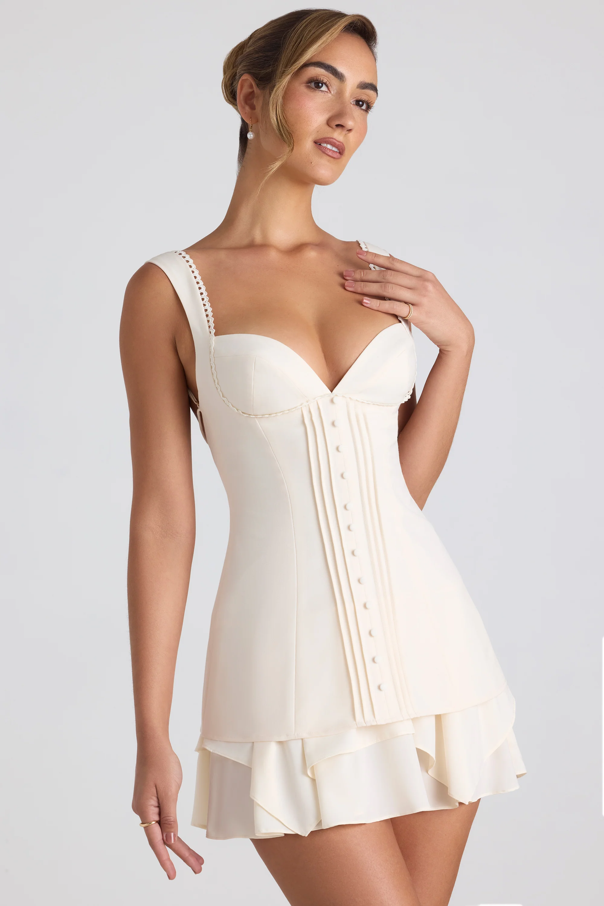 Ruffle-Trim Button-Detail Corset Mini Dress in Ivory - Image 6