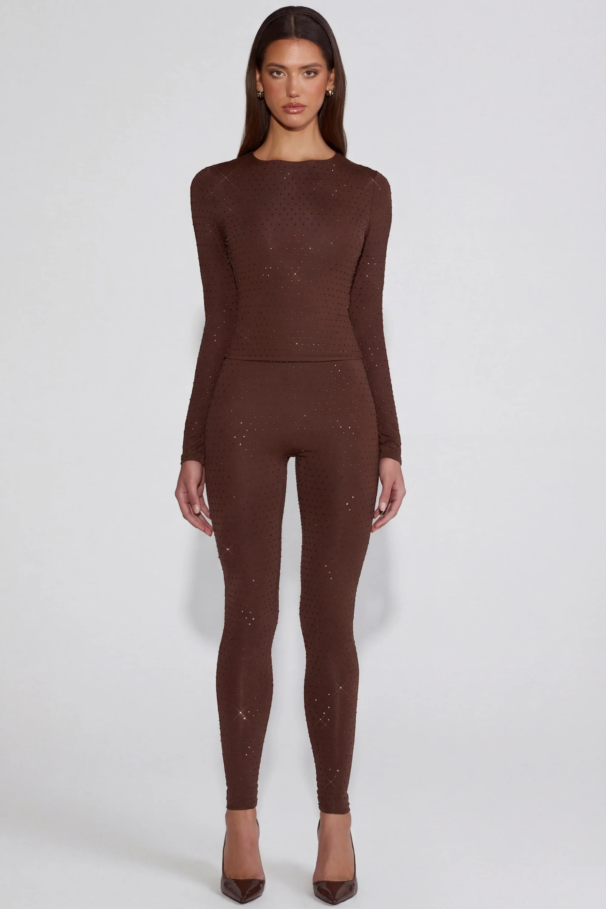 Embellished Jersey High-Waisted Leggings in Chocolate Brown