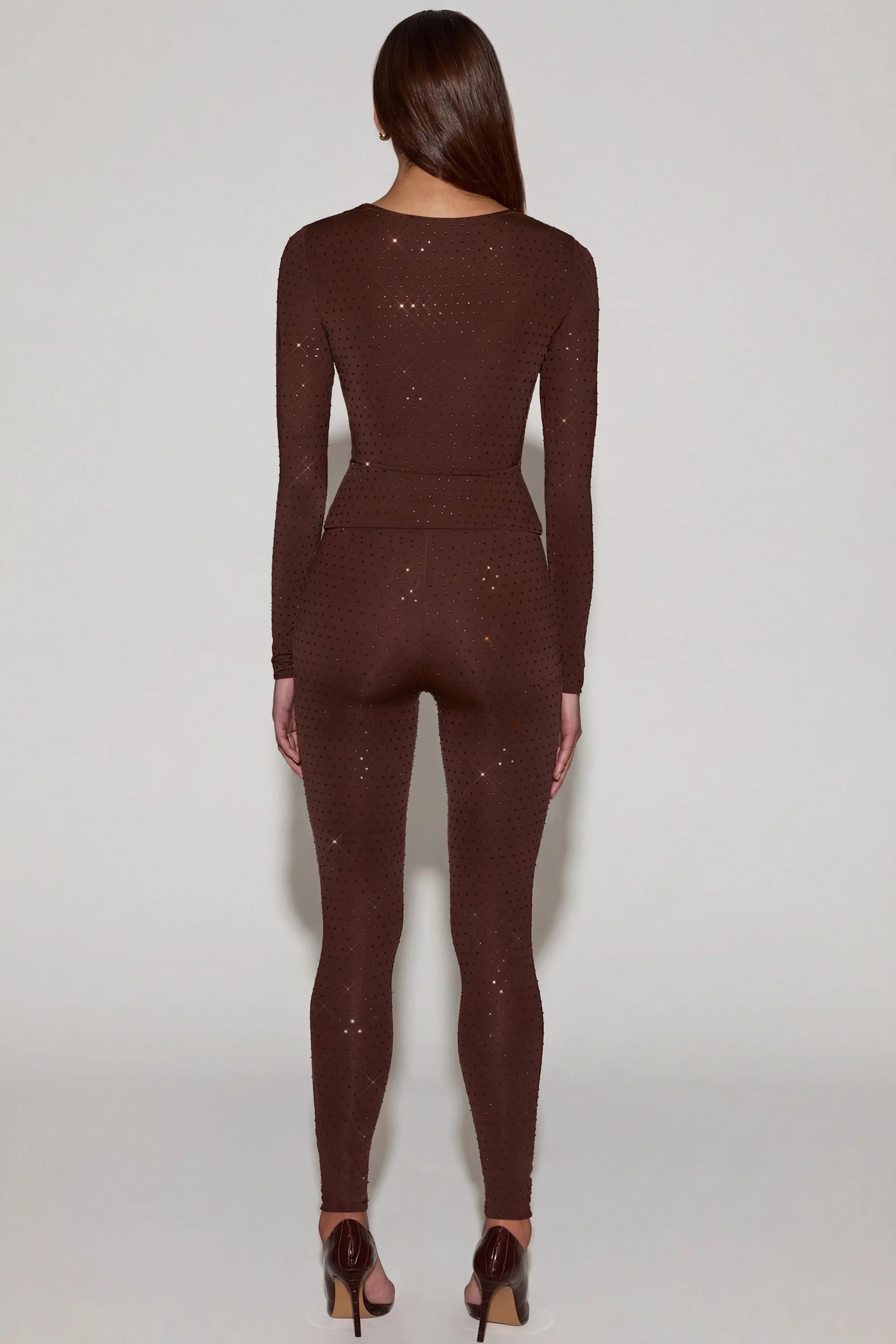 Embellished Jersey High-Waisted Leggings in Chocolate Brown - Image 2