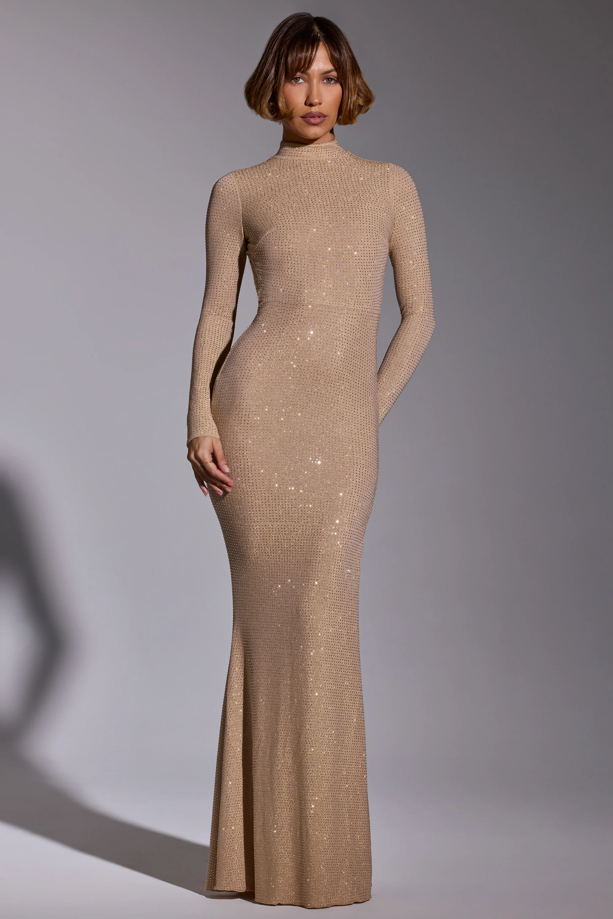 Embellished Long Sleeve Evening Gown in Gold - Image 5