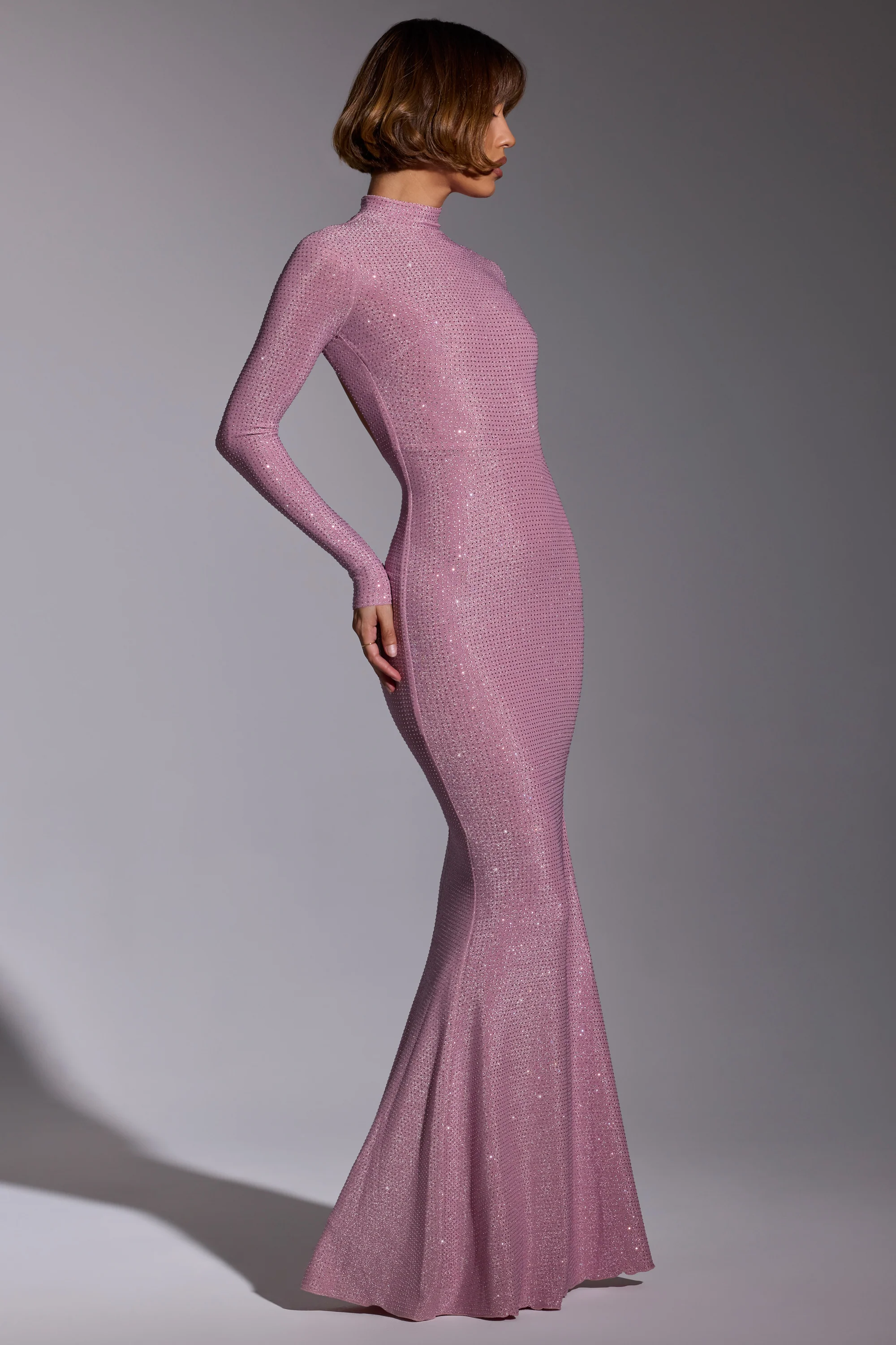 Embellished Long Sleeve Evening Gown in Light Pink - Image 3