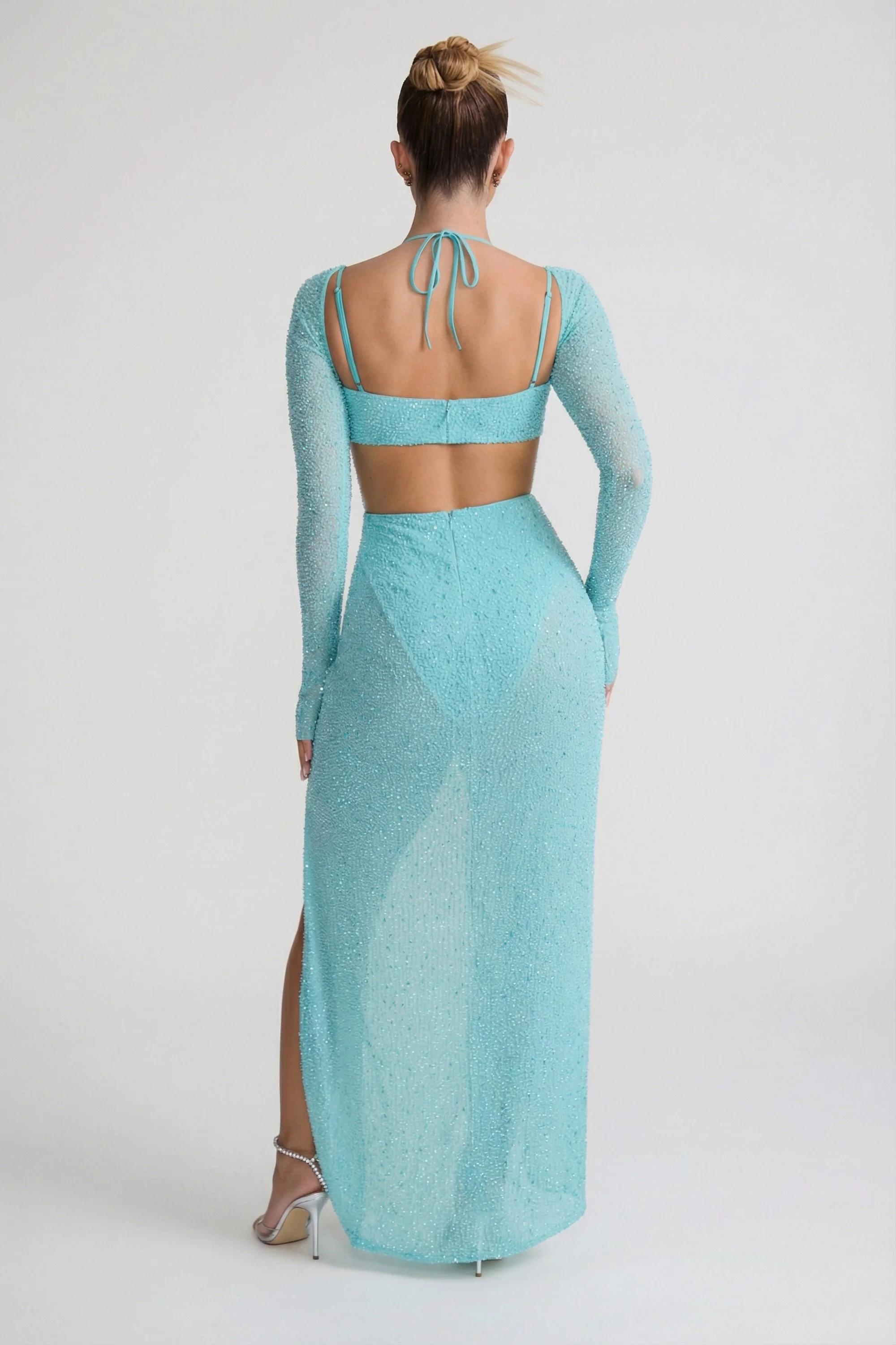 Embellished Cowl Neck Maxi Dress in Aqua - Image 2