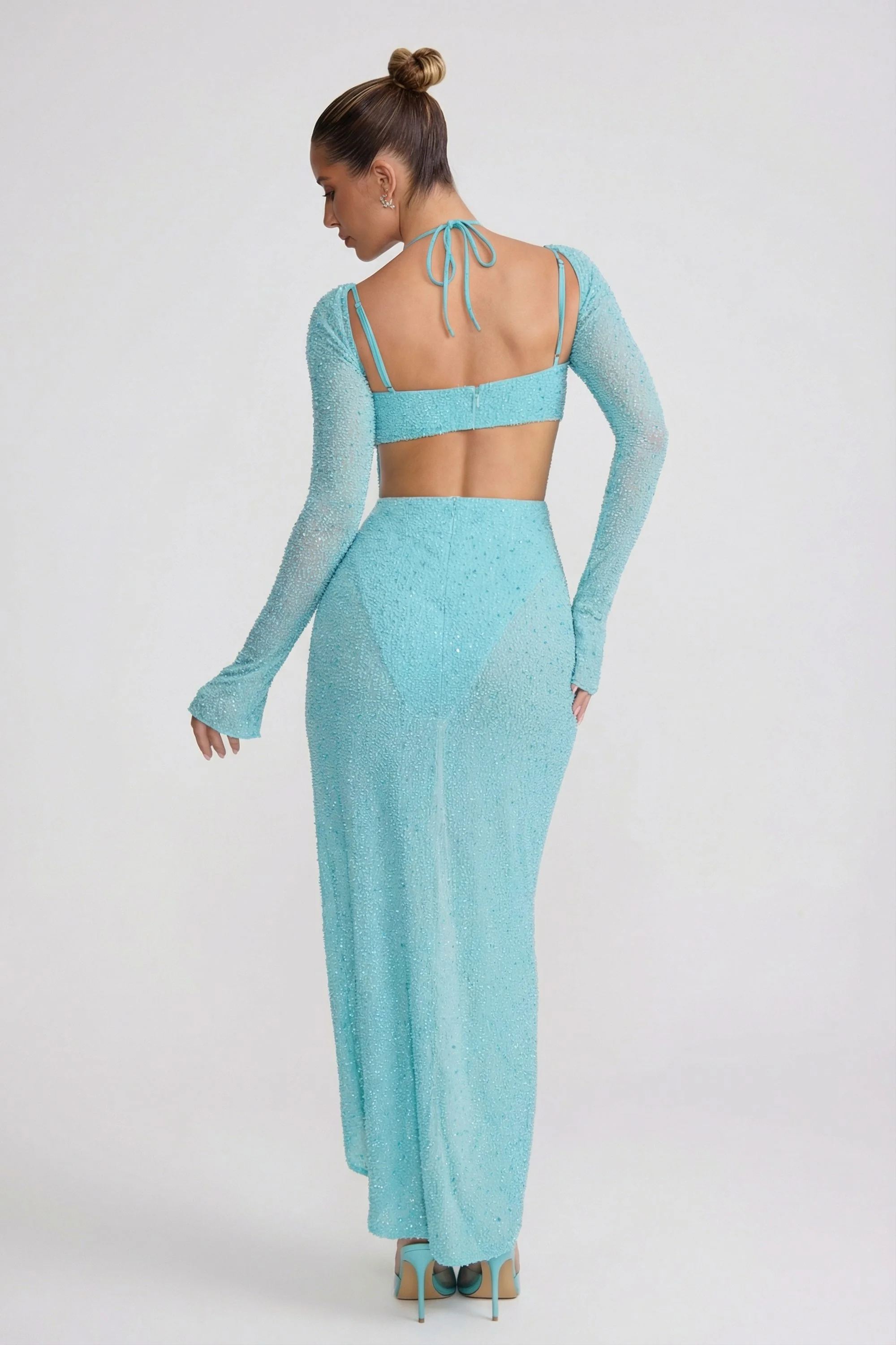 Embellished Cowl Neck Maxi Dress in Aqua - Image 8
