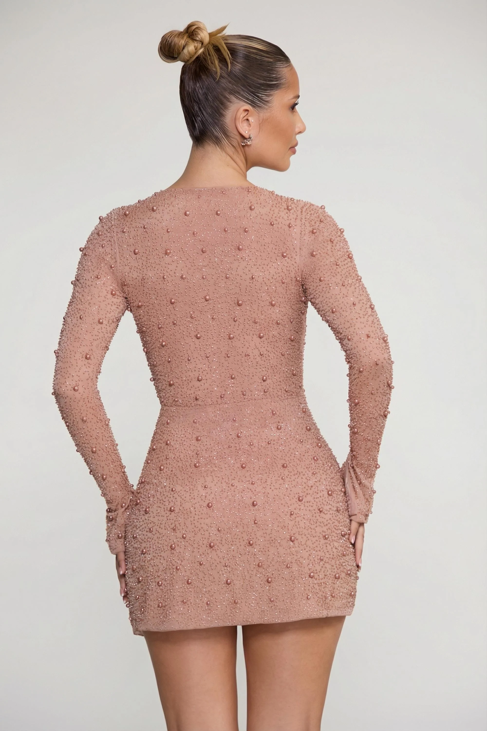 Embellished Wrap Over A-Line Mini Dress in Beige - Image 2