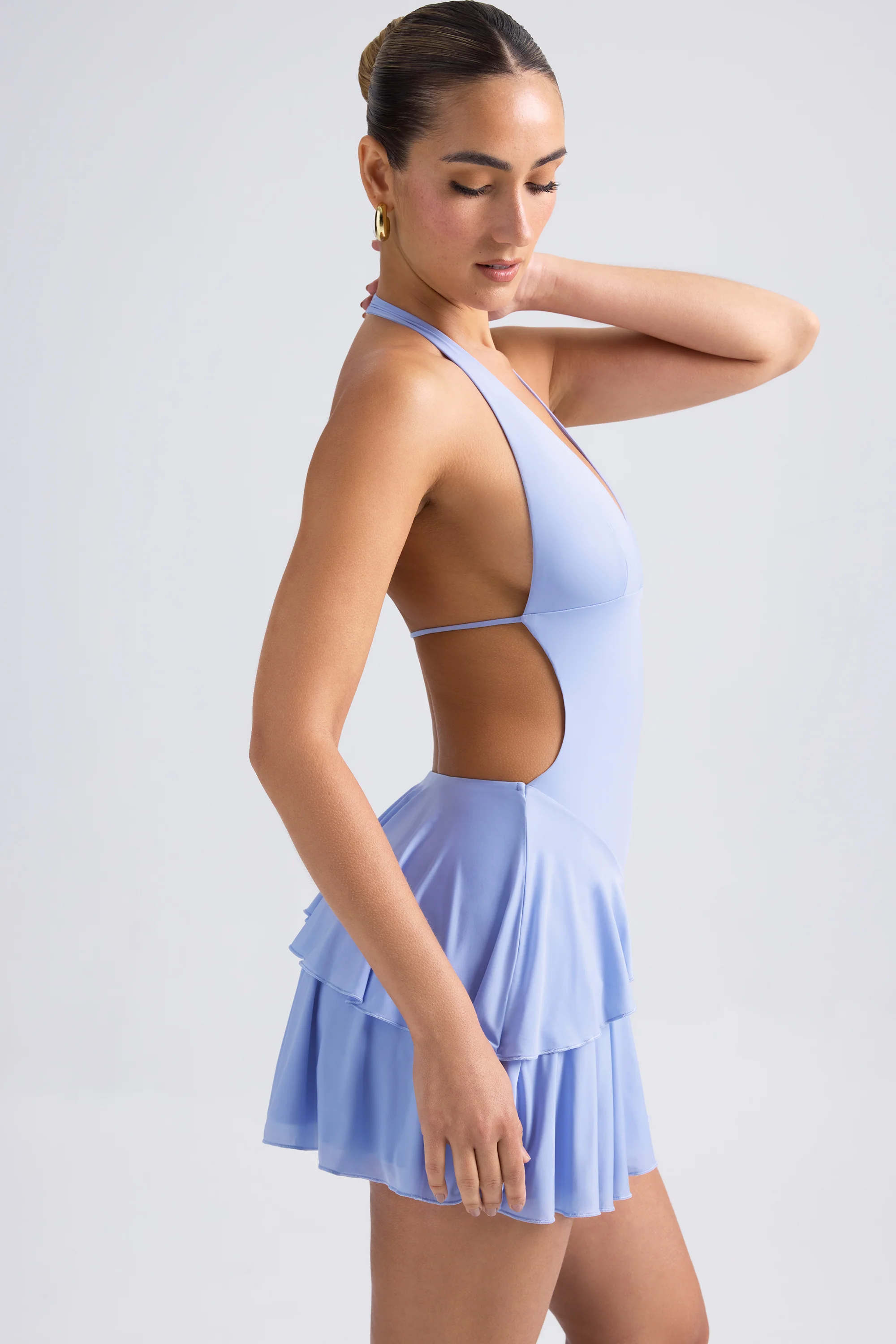 Ruffled Cut-Out Halterneck Mini Dress in Periwinkle Blue - Image 6