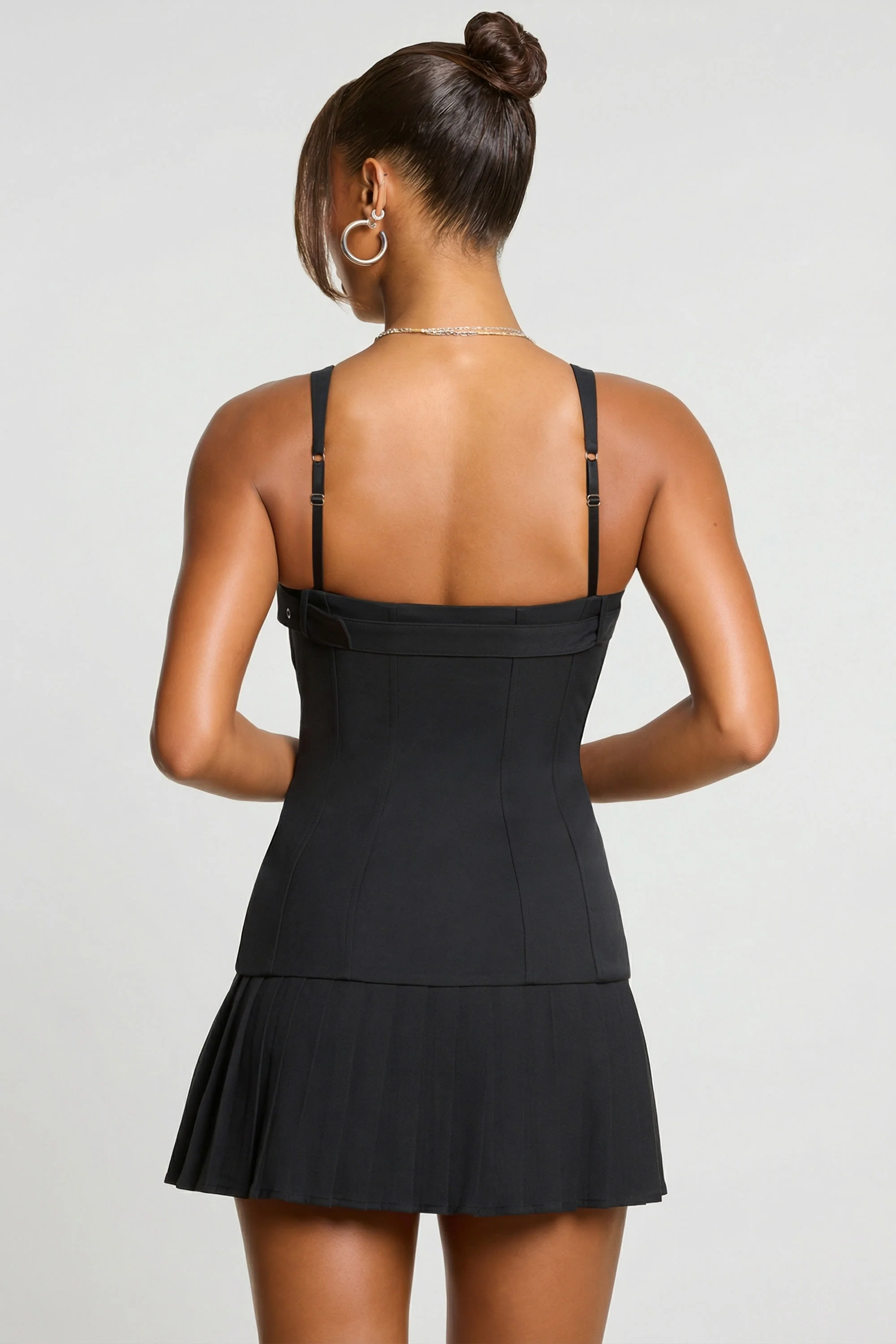 Brushed Twill Drop Waist Kilt Mini Dress in Black - Image 2