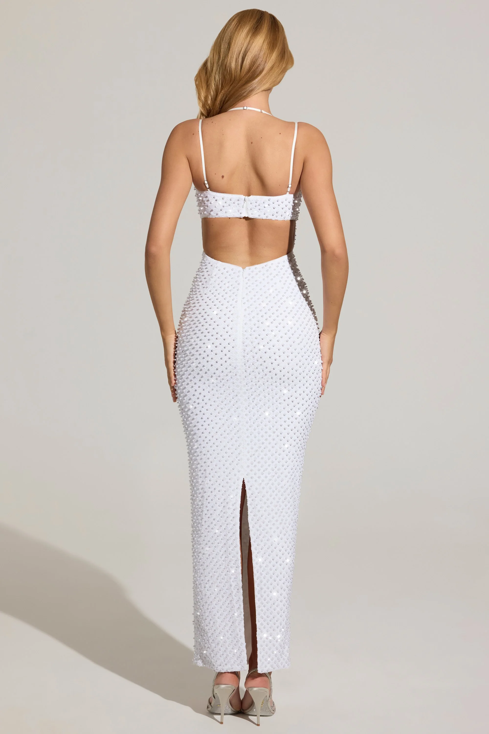 Embellished Cowl-Neck Maxi Dress in White - Image 3