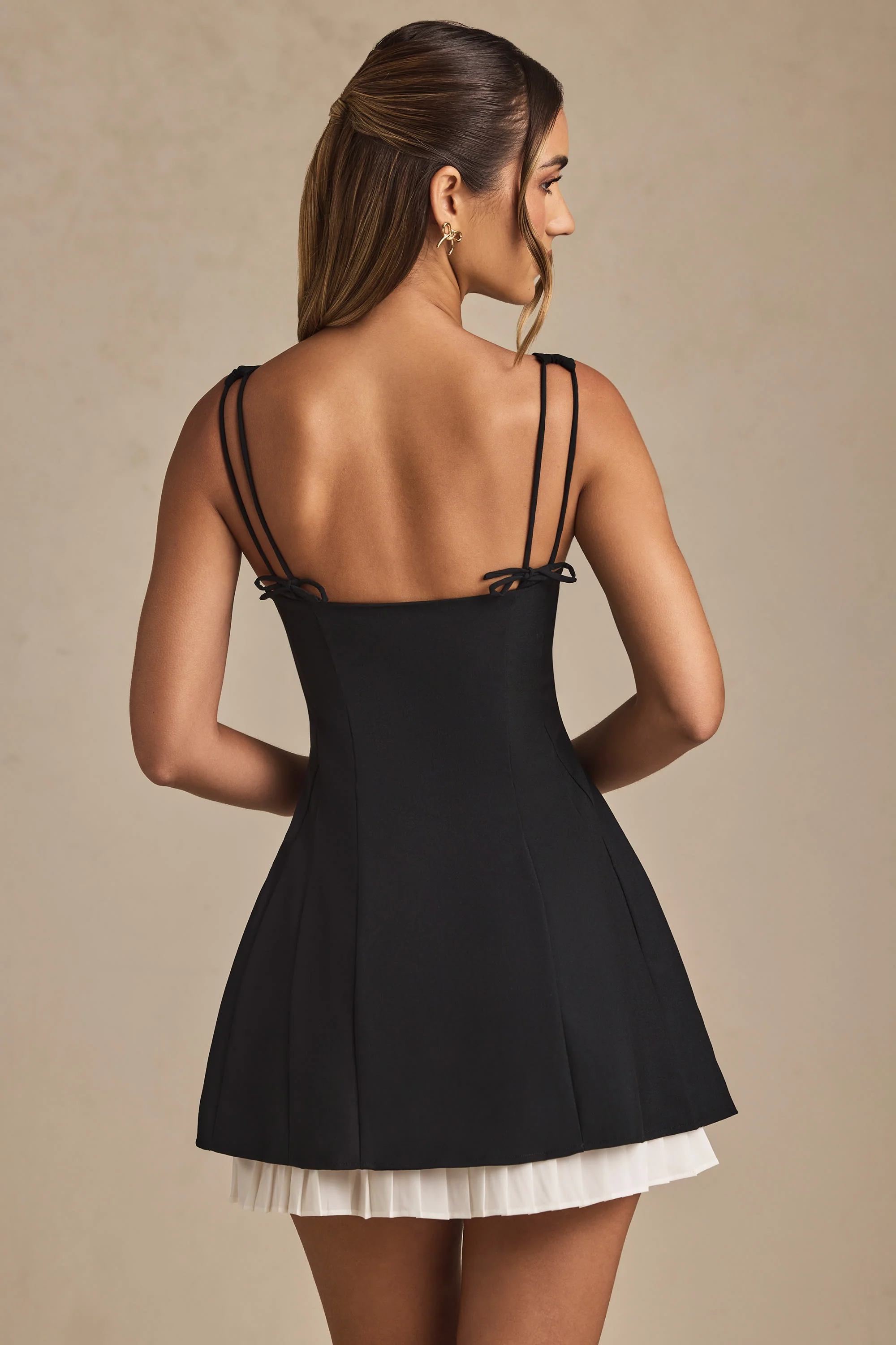 Bow-Detail Pleated A-Line Mini Dress in Black - Image 2